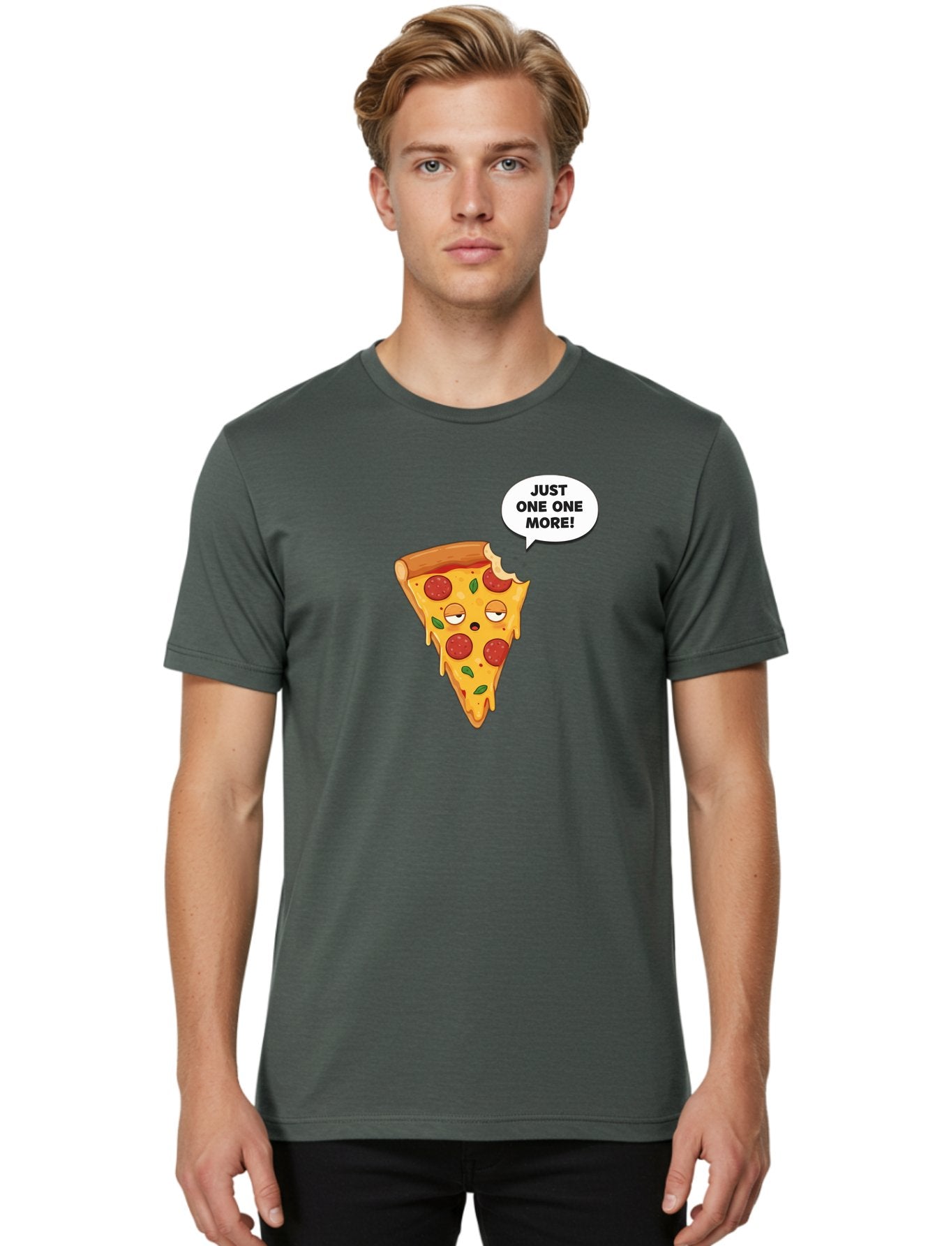 Just-One-One-More Men'S Graphic Tee, 100% Cotton, Comfortable Casual Summer Wear, Machine Washable, Cartoon Pizza Slice, Winking Face, Speech Bubble, Just One More, Pepperoni Pizza, Tempting Food, Cheesy Goodness, Indulgent Treat, Bac085 27