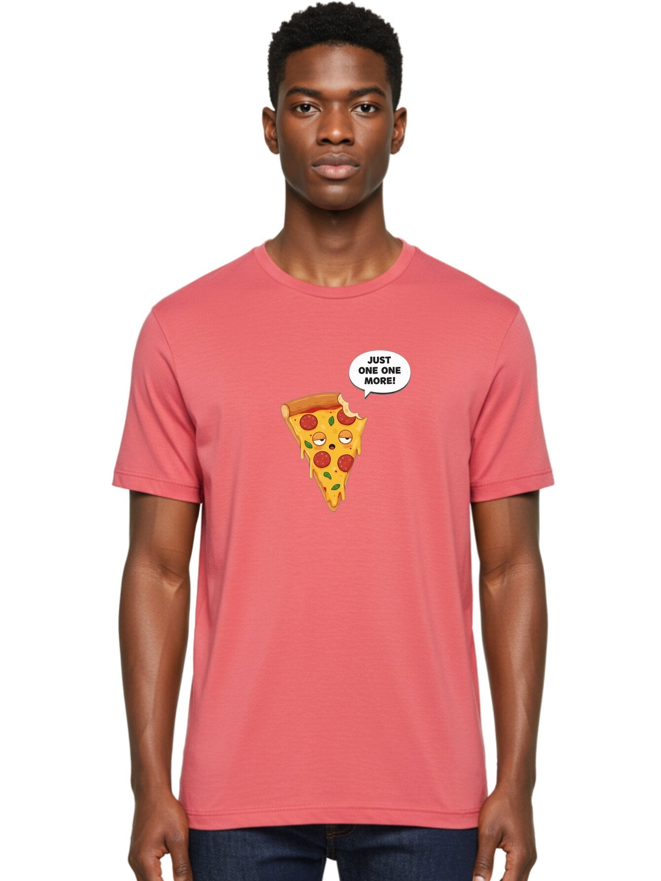 Just-One-One-More Men'S Graphic Tee, 100% Cotton, Comfortable Casual Summer Wear, Machine Washable, Cartoon Pizza Slice, Winking Face, Speech Bubble, Just One More, Pepperoni Pizza, Tempting Food, Cheesy Goodness, Indulgent Treat, Bac085 29