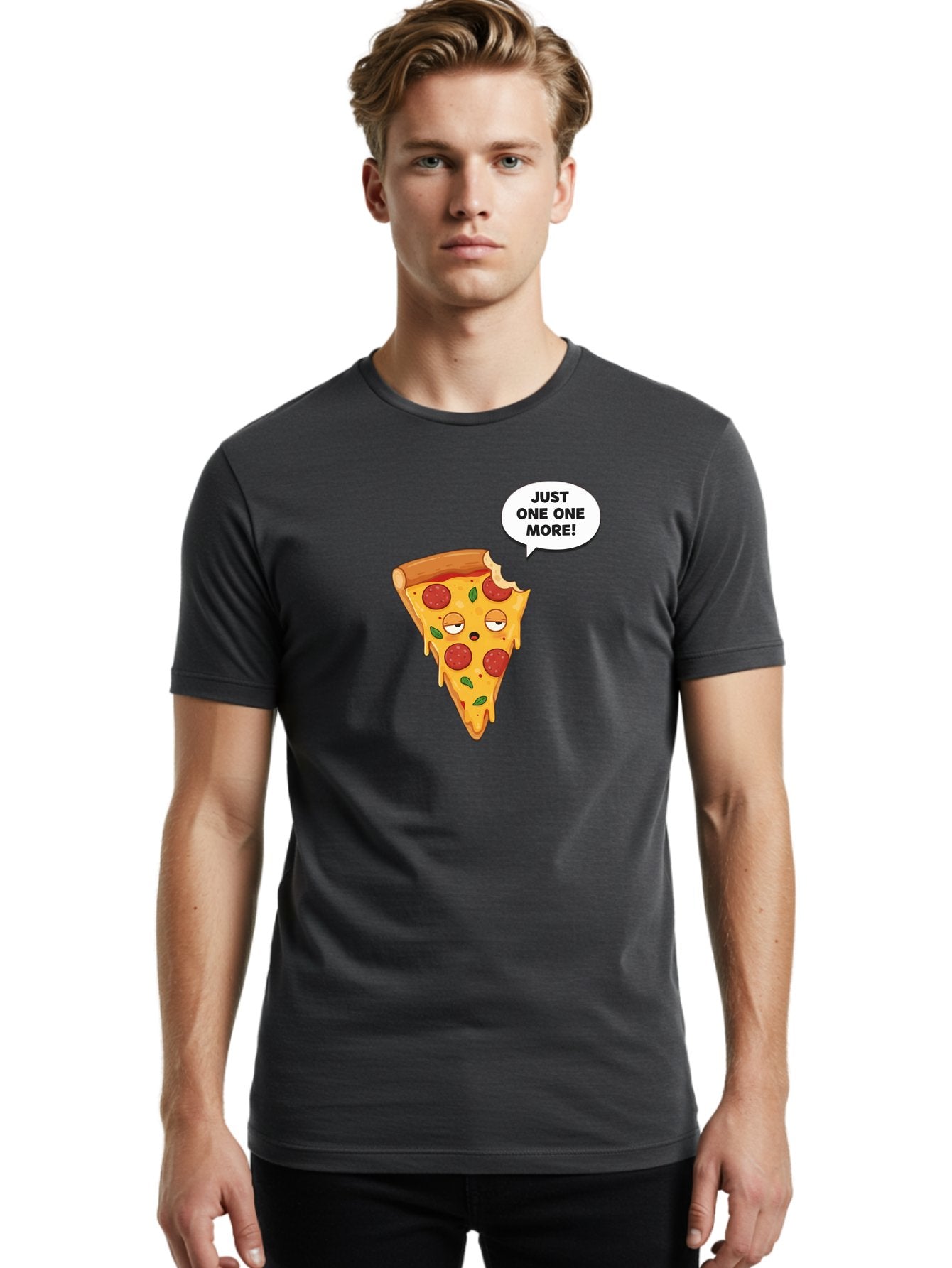 Just-One-One-More Men'S Graphic Tee, 100% Cotton, Comfortable Casual Summer Wear, Machine Washable, Cartoon Pizza Slice, Winking Face, Speech Bubble, Just One More, Pepperoni Pizza, Tempting Food, Cheesy Goodness, Indulgent Treat, Bac085 18