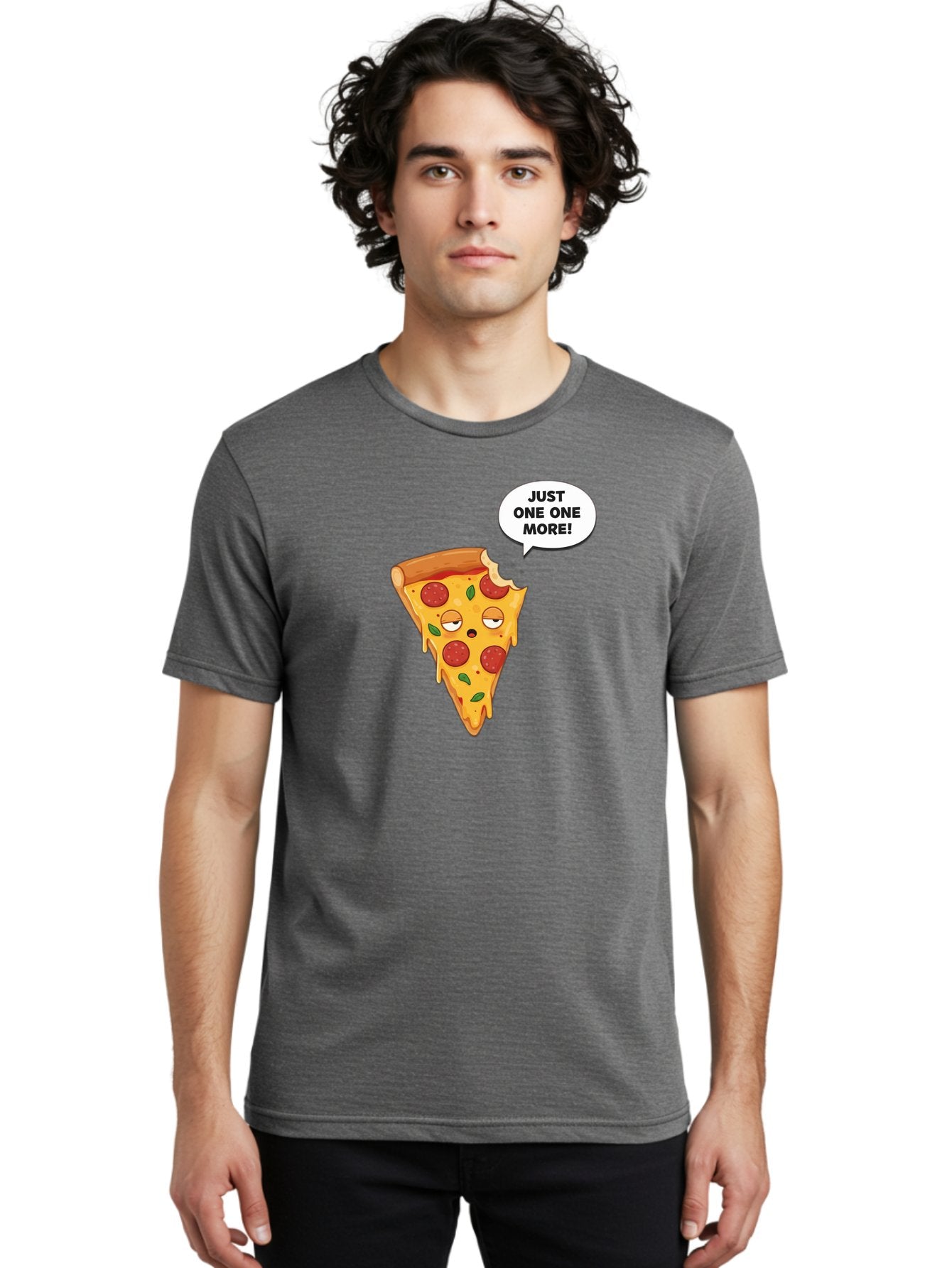 Just-One-One-More Men'S Graphic Tee, 100% Cotton, Comfortable Casual Summer Wear, Machine Washable, Cartoon Pizza Slice, Winking Face, Speech Bubble, Just One More, Pepperoni Pizza, Tempting Food, Cheesy Goodness, Indulgent Treat, Bac085 17
