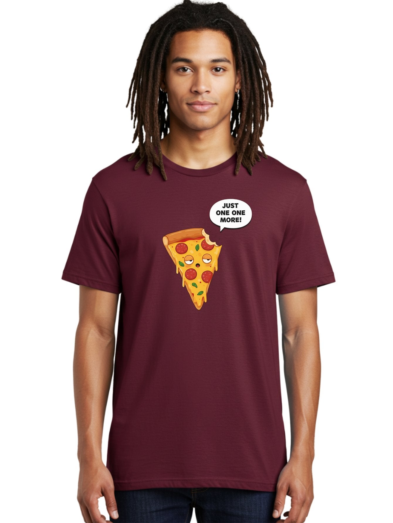 Just-One-One-More Men'S Graphic Tee, 100% Cotton, Comfortable Casual Summer Wear, Machine Washable, Cartoon Pizza Slice, Winking Face, Speech Bubble, Just One More, Pepperoni Pizza, Tempting Food, Cheesy Goodness, Indulgent Treat, Bac085 24