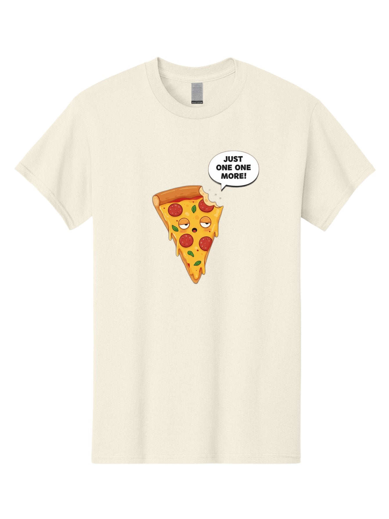 Just-One-One-More Men'S Graphic Tee, 100% Cotton, Comfortable Casual Summer Wear, Machine Washable, Cartoon Pizza Slice, Winking Face, Speech Bubble, Just One More, Pepperoni Pizza, Tempting Food, Cheesy Goodness, Indulgent Treat, Bac085
