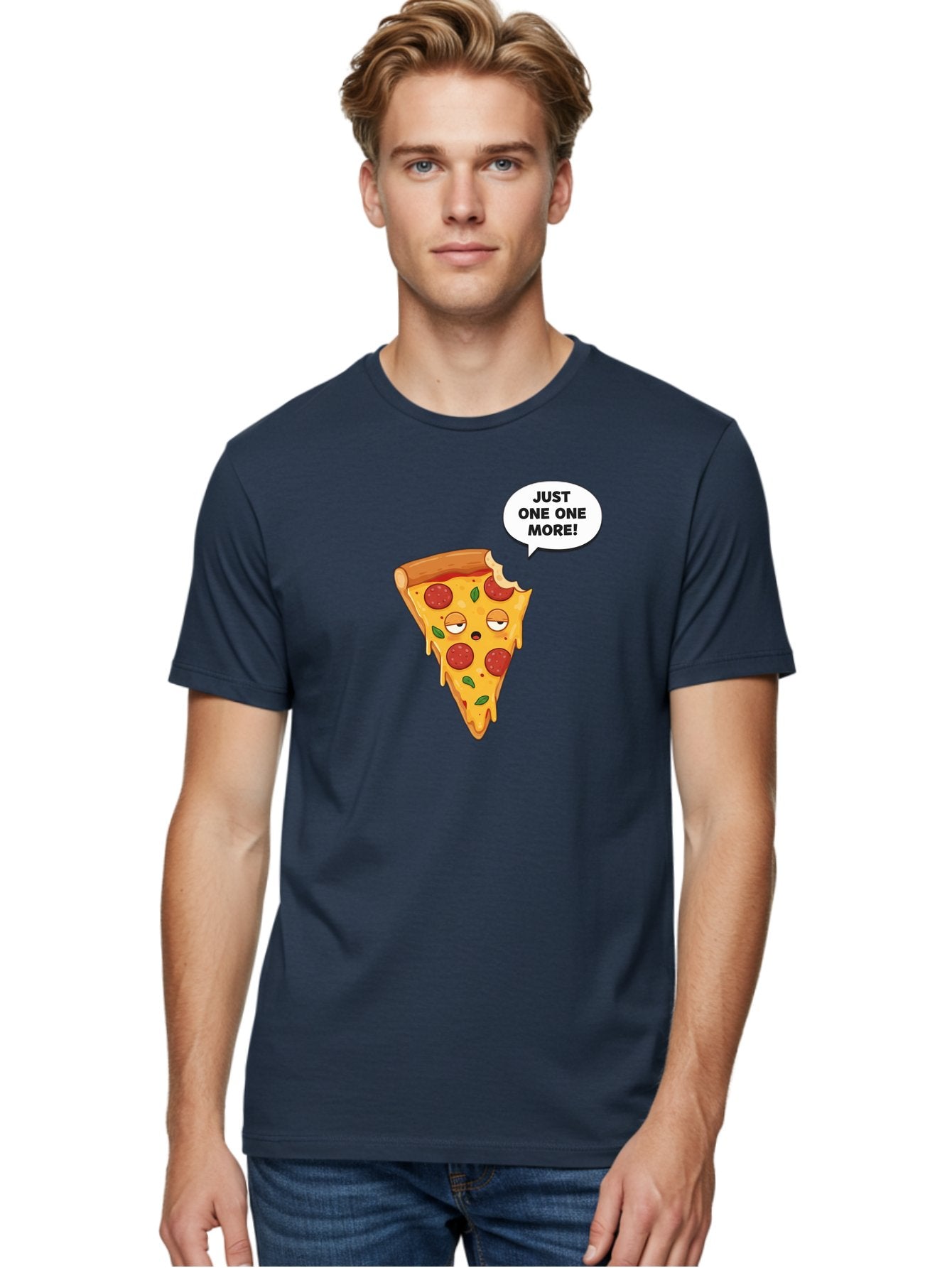 Just-One-One-More Men'S Graphic Tee, 100% Cotton, Comfortable Casual Summer Wear, Machine Washable, Cartoon Pizza Slice, Winking Face, Speech Bubble, Just One More, Pepperoni Pizza, Tempting Food, Cheesy Goodness, Indulgent Treat, Bac085 30
