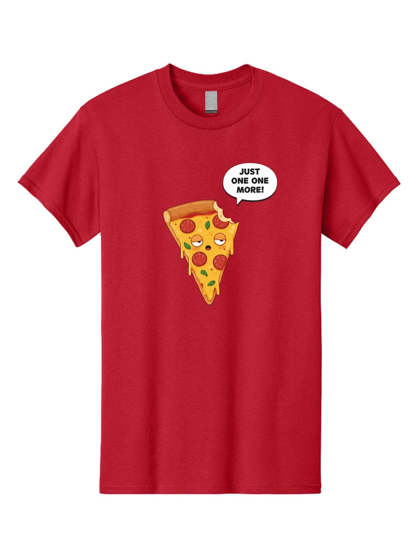 Just-One-One-More Men'S Graphic Tee, 100% Cotton, Comfortable Casual Summer Wear, Machine Washable, Cartoon Pizza Slice, Winking Face, Speech Bubble, Just One More, Pepperoni Pizza, Tempting Food, Cheesy Goodness, Indulgent Treat, Bac085