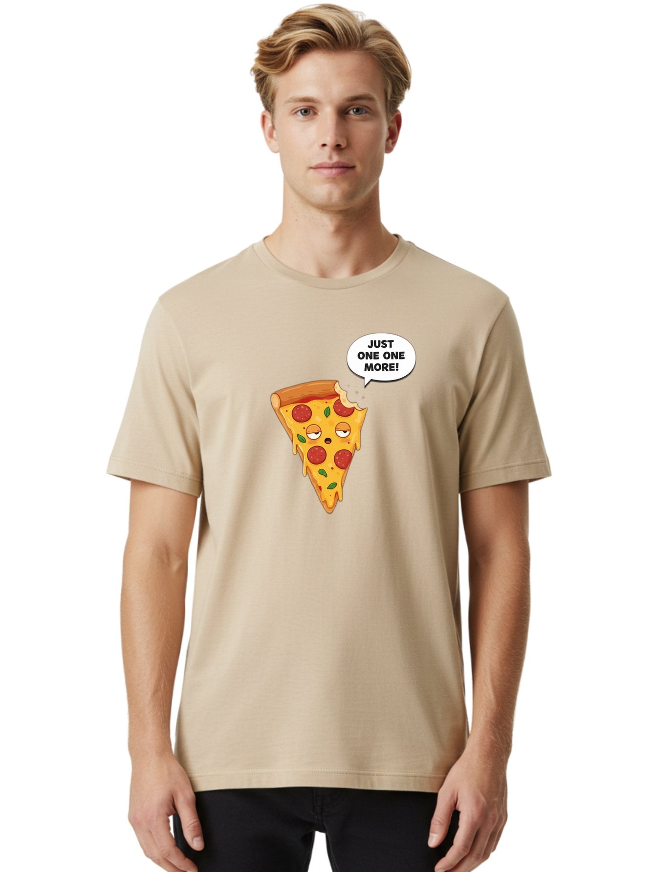 Just-One-One-More Men'S Graphic Tee, 100% Cotton, Comfortable Casual Summer Wear, Machine Washable, Cartoon Pizza Slice, Winking Face, Speech Bubble, Just One More, Pepperoni Pizza, Tempting Food, Cheesy Goodness, Indulgent Treat, Bac085 16