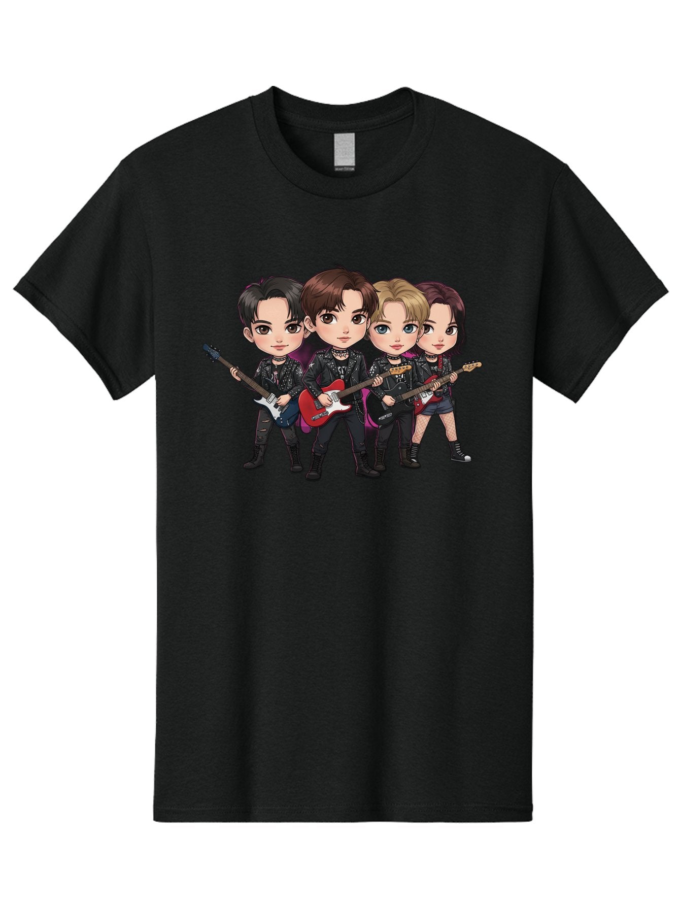 K-Pop-Band Men'S Graphic Tee, 100% Cotton, Comfortable Casual Summer Wear, Machine Washable, Cartoon Rock Band, Four Members, Guitars, Black Outfits, Rock Music, Band Performance, Chibi Style, Youthful Energy, Black Hair, Brown Hair, Bac087 4