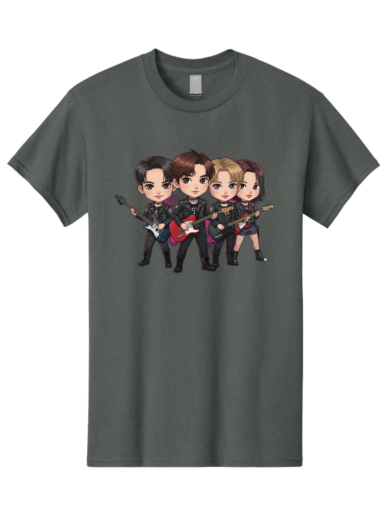 K-Pop-Band Men'S Graphic Tee, 100% Cotton, Comfortable Casual Summer Wear, Machine Washable, Cartoon Rock Band, Four Members, Guitars, Black Outfits, Rock Music, Band Performance, Chibi Style, Youthful Energy, Black Hair, Brown Hair, Bac087 15