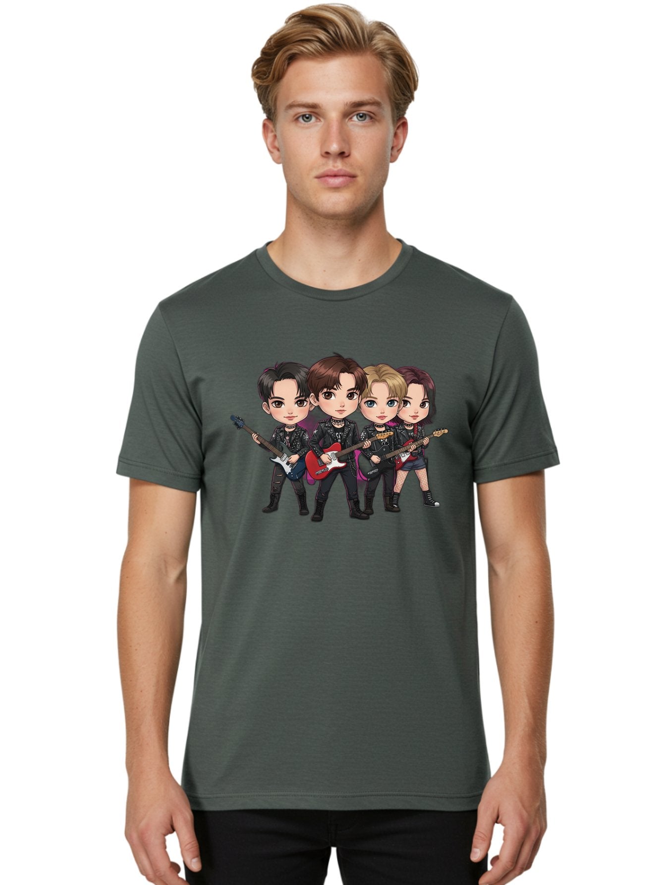K-Pop-Band Men'S Graphic Tee, 100% Cotton, Comfortable Casual Summer Wear, Machine Washable, Cartoon Rock Band, Four Members, Guitars, Black Outfits, Rock Music, Band Performance, Chibi Style, Youthful Energy, Black Hair, Brown Hair, Bac087 30