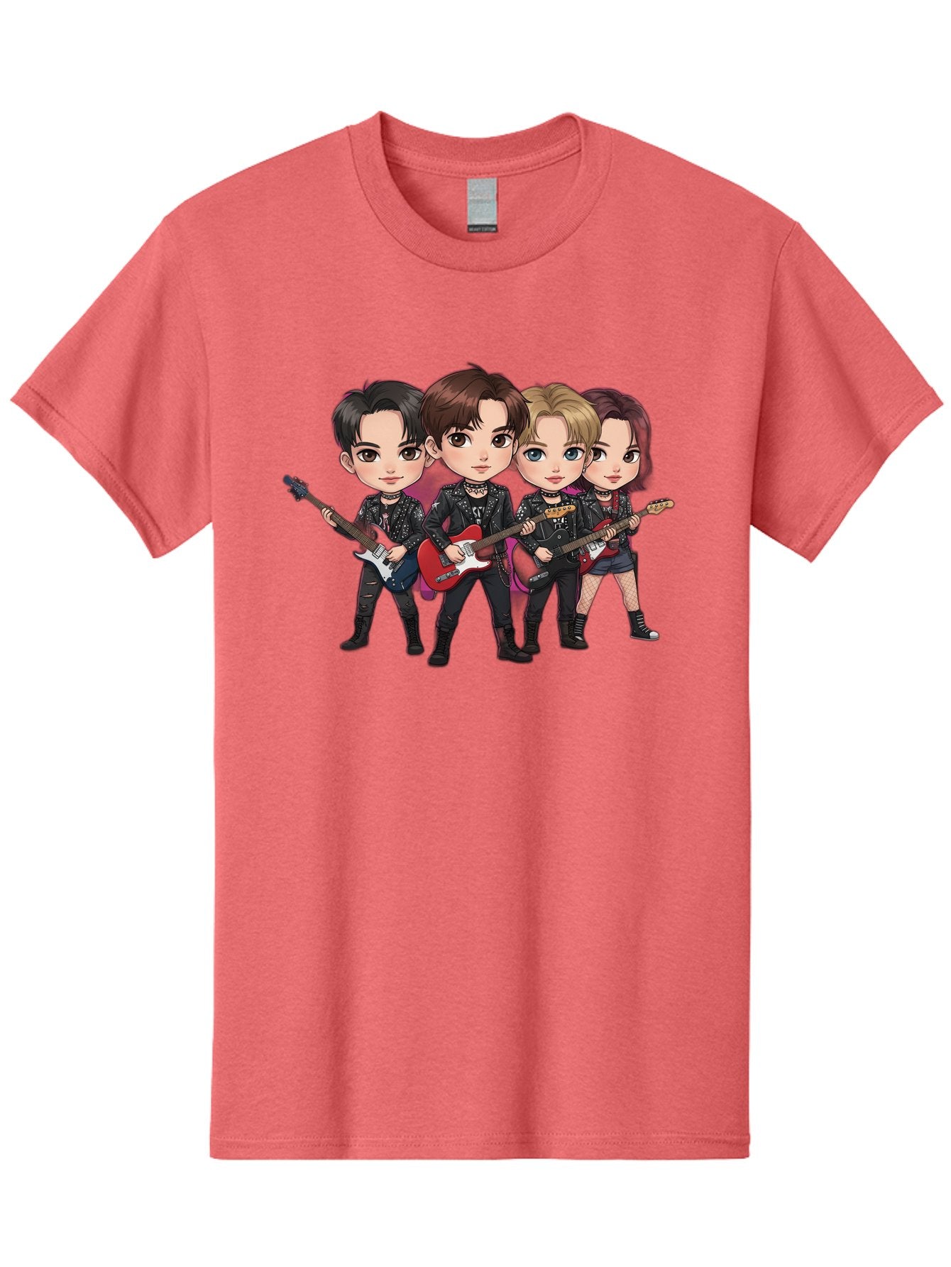 K-Pop-Band Men'S Graphic Tee, 100% Cotton, Comfortable Casual Summer Wear, Machine Washable, Cartoon Rock Band, Four Members, Guitars, Black Outfits, Rock Music, Band Performance, Chibi Style, Youthful Energy, Black Hair, Brown Hair, Bac087 7