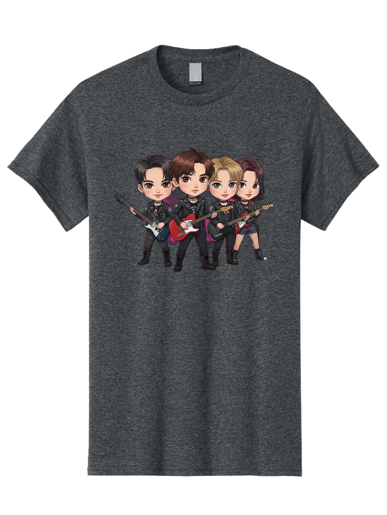 K-Pop-Band Men'S Graphic Tee, 100% Cotton, Comfortable Casual Summer Wear, Machine Washable, Cartoon Rock Band, Four Members, Guitars, Black Outfits, Rock Music, Band Performance, Chibi Style, Youthful Energy, Black Hair, Brown Hair, Bac087