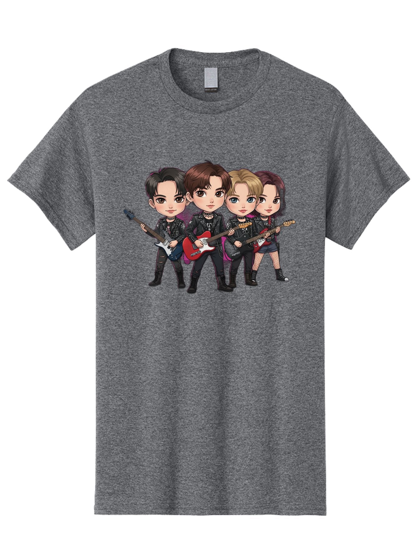 K-Pop-Band Men'S Graphic Tee, 100% Cotton, Comfortable Casual Summer Wear, Machine Washable, Cartoon Rock Band, Four Members, Guitars, Black Outfits, Rock Music, Band Performance, Chibi Style, Youthful Energy, Black Hair, Brown Hair, Bac087 11