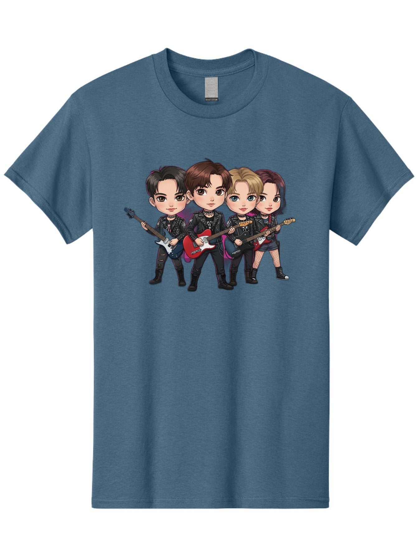 K-Pop-Band Men'S Graphic Tee, 100% Cotton, Comfortable Casual Summer Wear, Machine Washable, Cartoon Rock Band, Four Members, Guitars, Black Outfits, Rock Music, Band Performance, Chibi Style, Youthful Energy, Black Hair, Brown Hair, Bac087 14