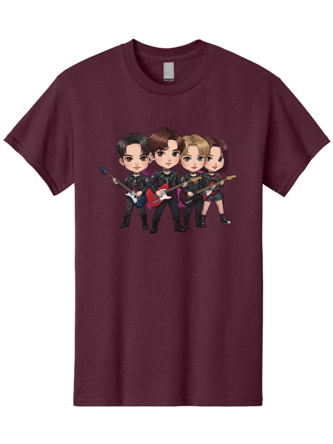 K-Pop-Band Men'S Graphic Tee, 100% Cotton, Comfortable Casual Summer Wear, Machine Washable, Cartoon Rock Band, Four Members, Guitars, Black Outfits, Rock Music, Band Performance, Chibi Style, Youthful Energy, Black Hair, Brown Hair, Bac087 10
