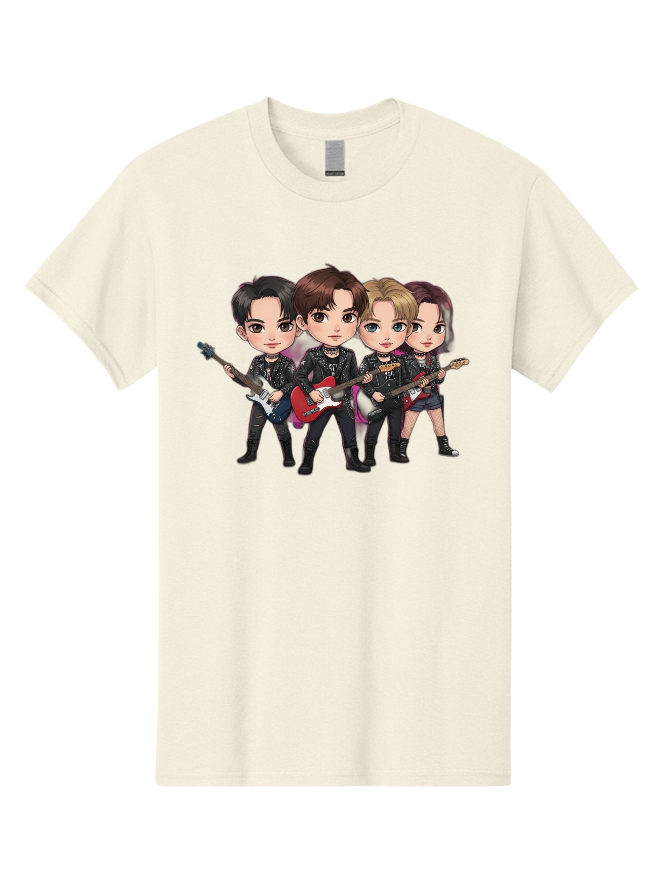 K-Pop-Band Men'S Graphic Tee, 100% Cotton, Comfortable Casual Summer Wear, Machine Washable, Cartoon Rock Band, Four Members, Guitars, Black Outfits, Rock Music, Band Performance, Chibi Style, Youthful Energy, Black Hair, Brown Hair, Bac087 9