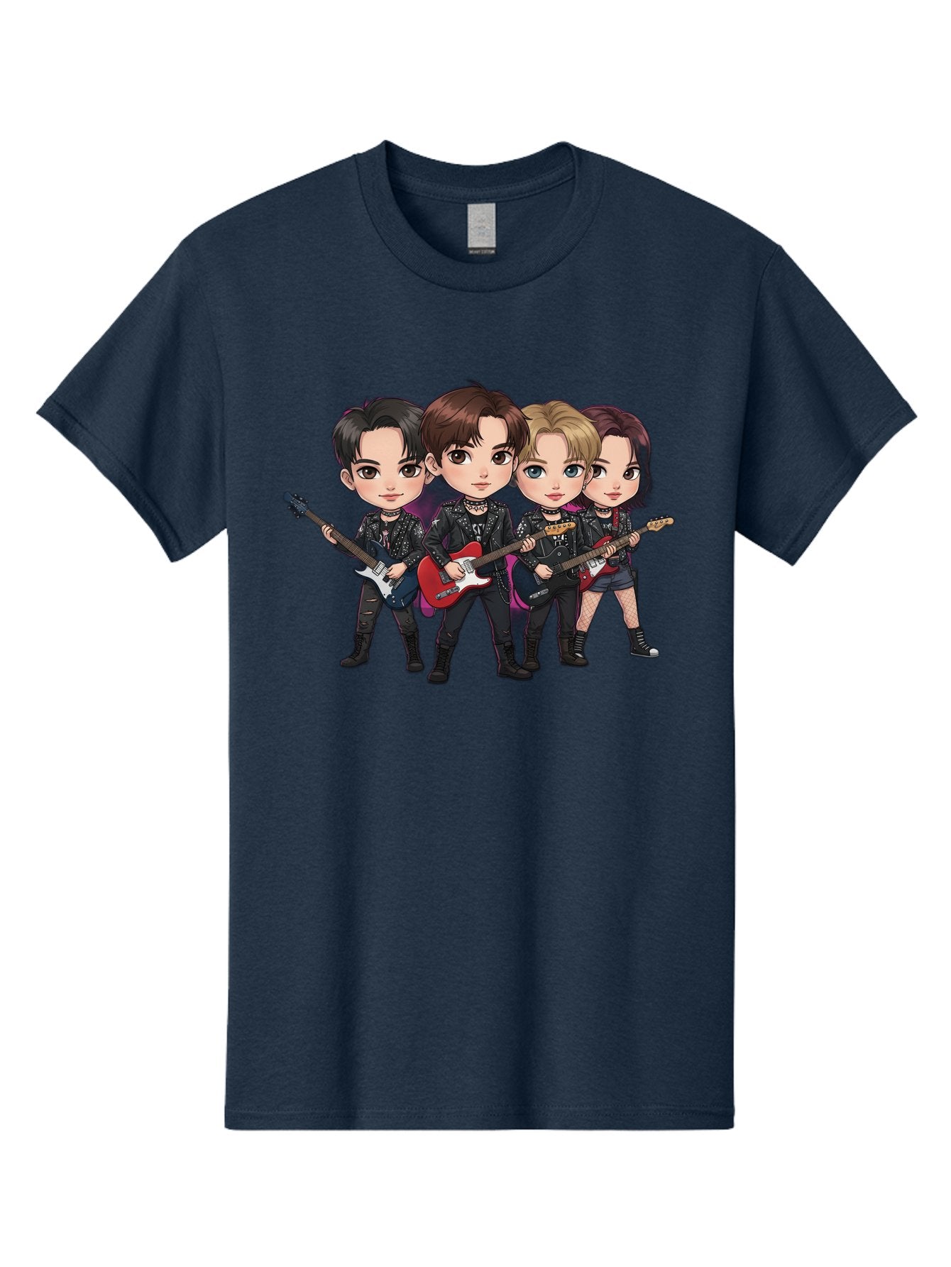 K-Pop-Band Men'S Graphic Tee, 100% Cotton, Comfortable Casual Summer Wear, Machine Washable, Cartoon Rock Band, Four Members, Guitars, Black Outfits, Rock Music, Band Performance, Chibi Style, Youthful Energy, Black Hair, Brown Hair, Bac087 8