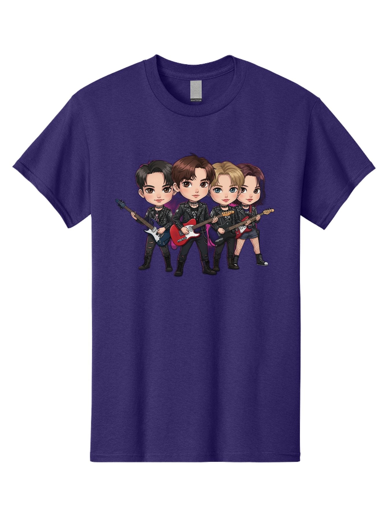 K-Pop-Band Men'S Graphic Tee, 100% Cotton, Comfortable Casual Summer Wear, Machine Washable, Cartoon Rock Band, Four Members, Guitars, Black Outfits, Rock Music, Band Performance, Chibi Style, Youthful Energy, Black Hair, Brown Hair, Bac087 3