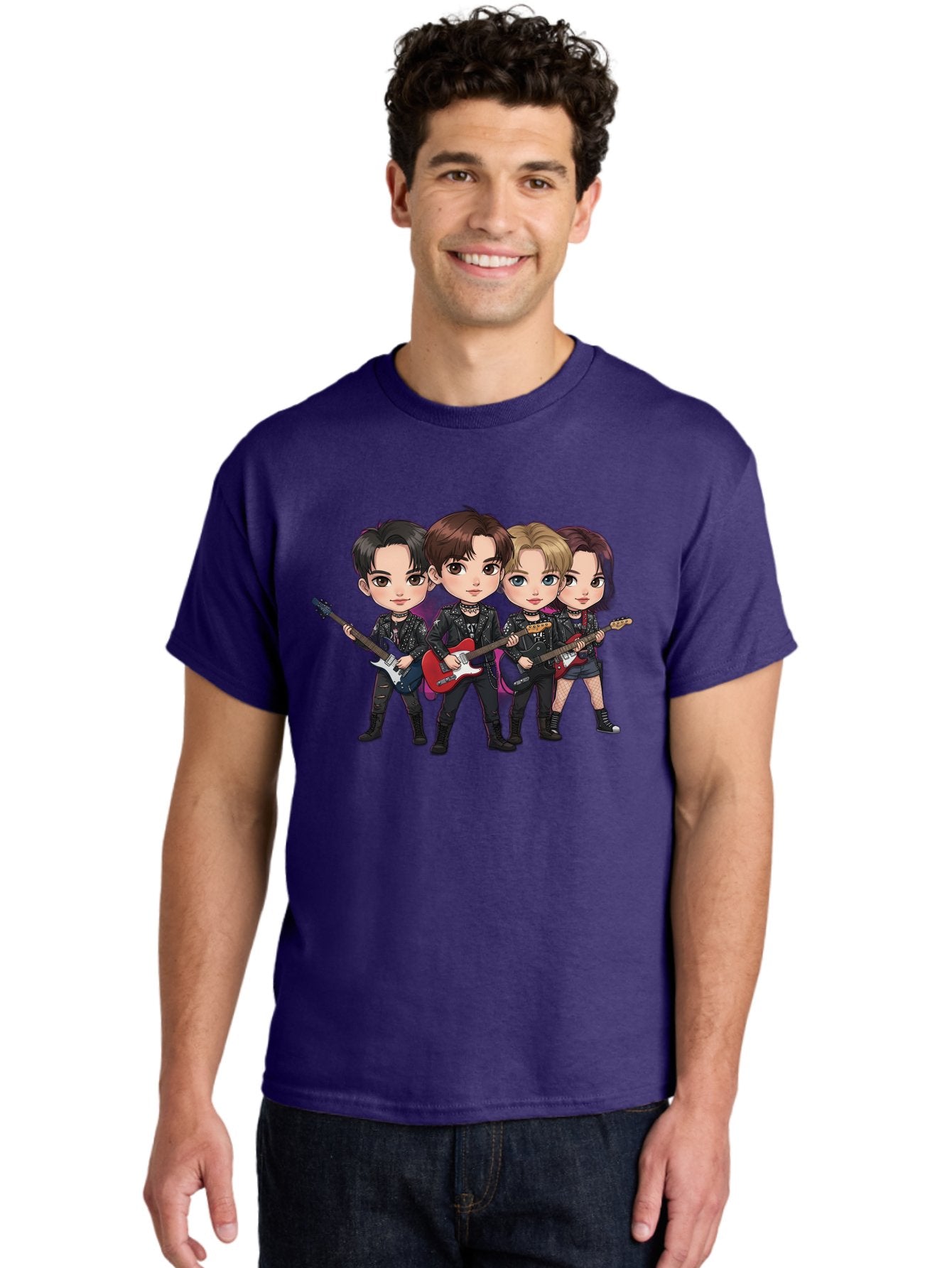 K-Pop-Band Men'S Graphic Tee, 100% Cotton, Comfortable Casual Summer Wear, Machine Washable, Cartoon Rock Band, Four Members, Guitars, Black Outfits, Rock Music, Band Performance, Chibi Style, Youthful Energy, Black Hair, Brown Hair, Bac087 22