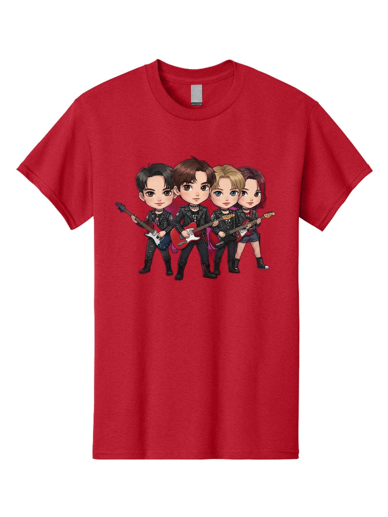 K-Pop-Band Men'S Graphic Tee, 100% Cotton, Comfortable Casual Summer Wear, Machine Washable, Cartoon Rock Band, Four Members, Guitars, Black Outfits, Rock Music, Band Performance, Chibi Style, Youthful Energy, Black Hair, Brown Hair, Bac087