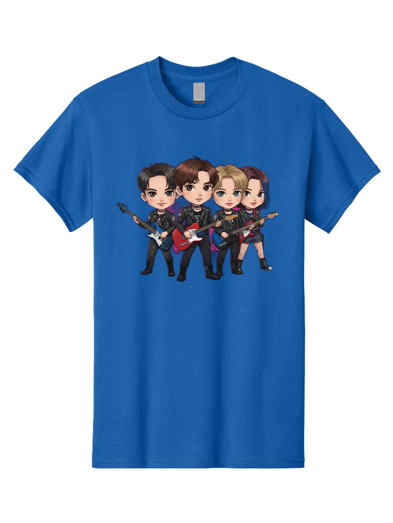 K-Pop-Band Men'S Graphic Tee, 100% Cotton, Comfortable Casual Summer Wear, Machine Washable, Cartoon Rock Band, Four Members, Guitars, Black Outfits, Rock Music, Band Performance, Chibi Style, Youthful Energy, Black Hair, Brown Hair, Bac087 12