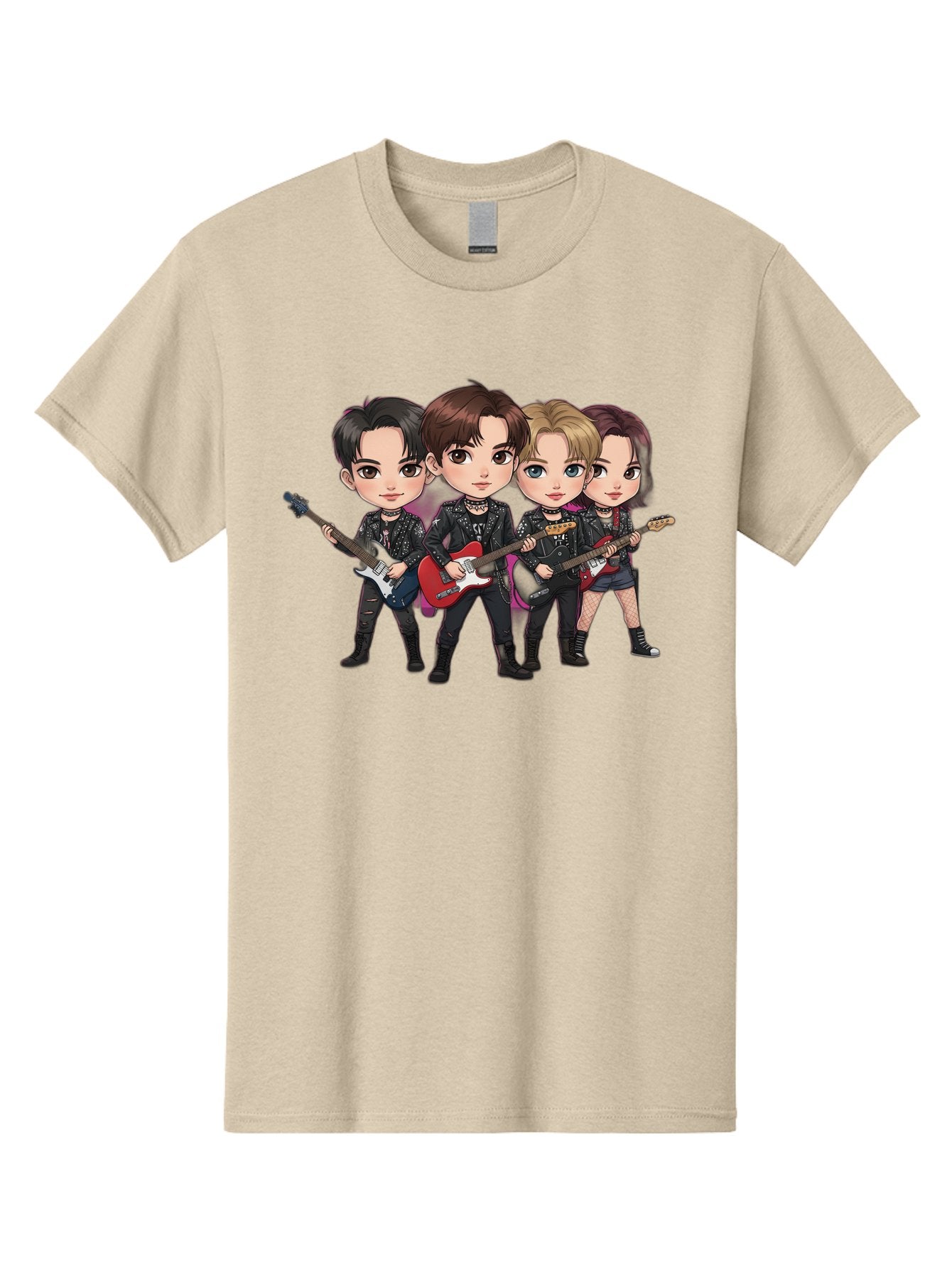 K-Pop-Band Men'S Graphic Tee, 100% Cotton, Comfortable Casual Summer Wear, Machine Washable, Cartoon Rock Band, Four Members, Guitars, Black Outfits, Rock Music, Band Performance, Chibi Style, Youthful Energy, Black Hair, Brown Hair, Bac087 13
