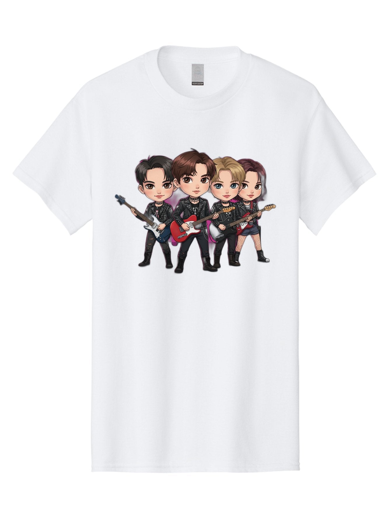 K-Pop-Band Men'S Graphic Tee, 100% Cotton, Comfortable Casual Summer Wear, Machine Washable, Cartoon Rock Band, Four Members, Guitars, Black Outfits, Rock Music, Band Performance, Chibi Style, Youthful Energy, Black Hair, Brown Hair, Bac087 6