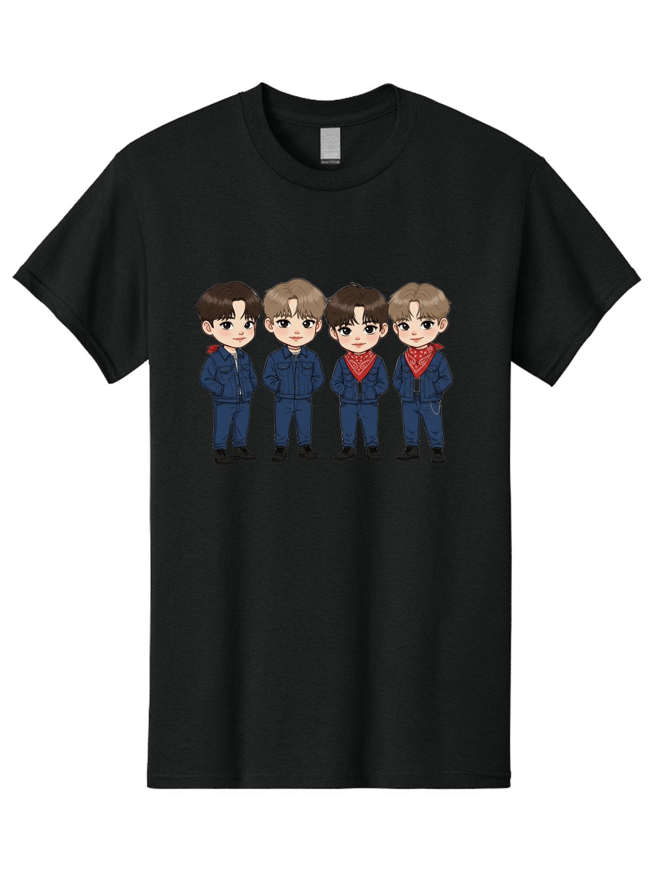 K-Pop-Boys Men'S Graphic Tee, 100% Cotton, Comfortable Casual Summer Wear, Machine Washable, Cartoon Boys, K-Pop Style, Blue Denim Outfits, Red Bandanas, Anime-Inspired Characters, Trendy Fashion, Youthful Energy, Group Portrait, Chibi Art, Bac088 10