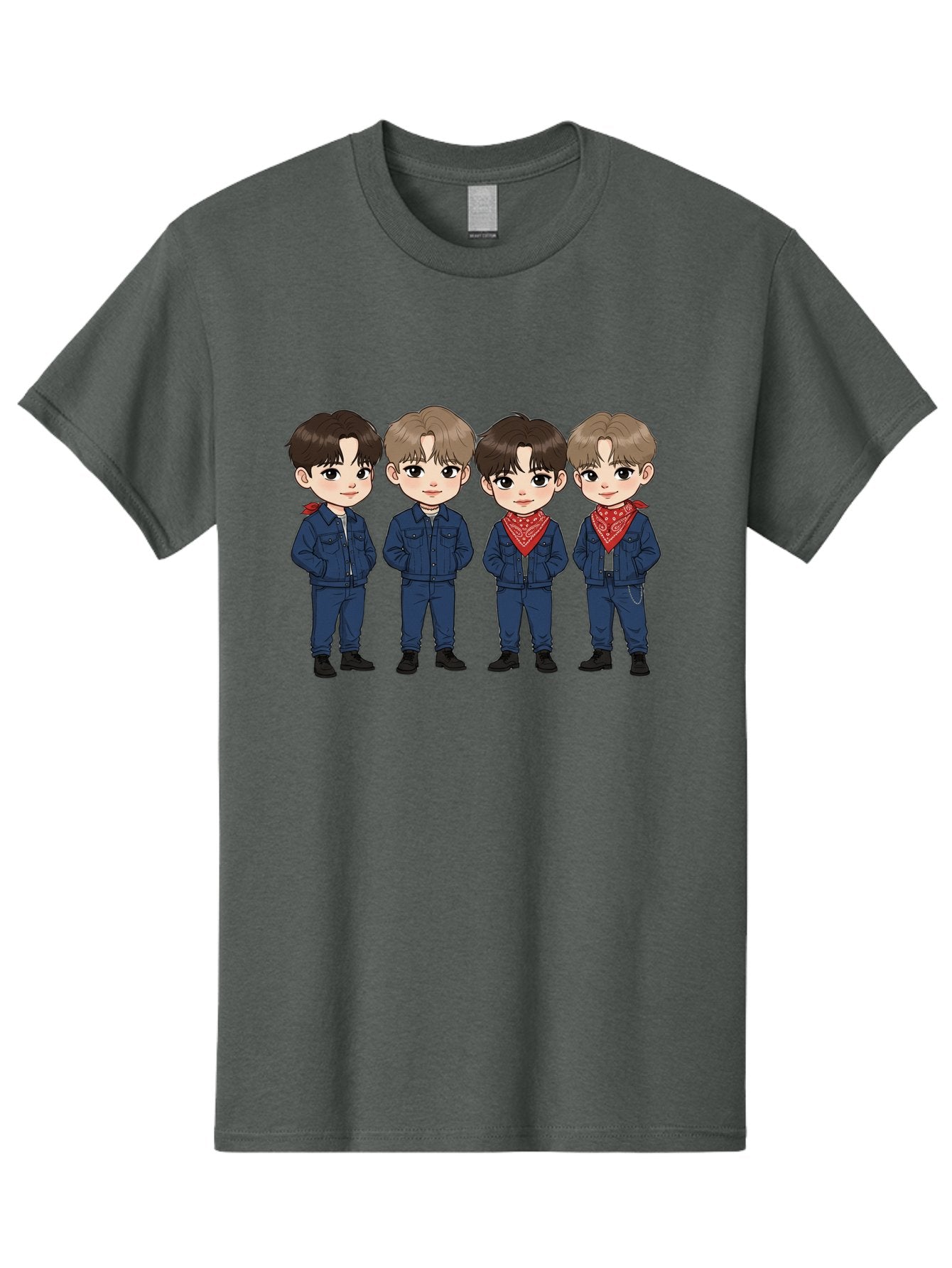 K-Pop-Boys Men'S Graphic Tee, 100% Cotton, Comfortable Casual Summer Wear, Machine Washable, Cartoon Boys, K-Pop Style, Blue Denim Outfits, Red Bandanas, Anime-Inspired Characters, Trendy Fashion, Youthful Energy, Group Portrait, Chibi Art, Bac088 7
