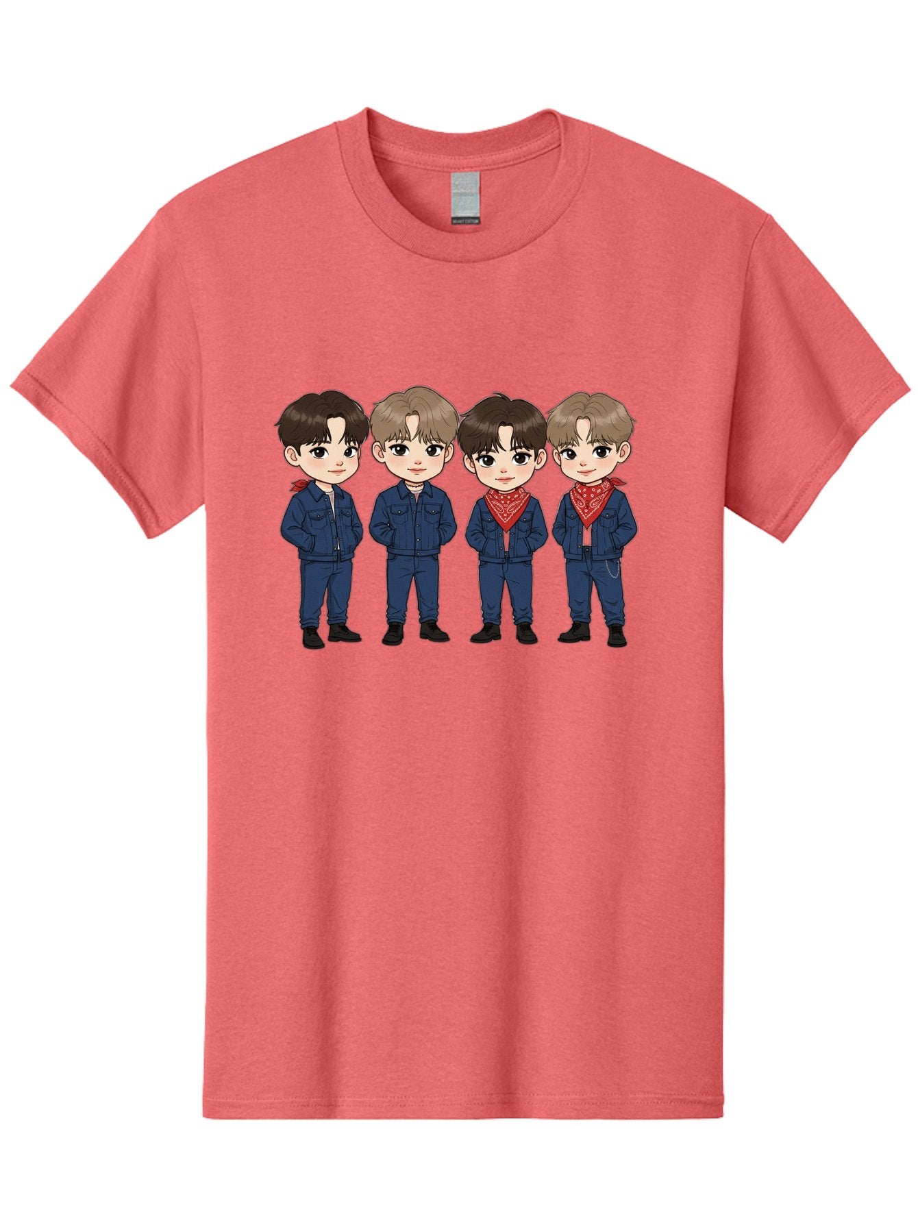 K-Pop-Boys Men'S Graphic Tee, 100% Cotton, Comfortable Casual Summer Wear, Machine Washable, Cartoon Boys, K-Pop Style, Blue Denim Outfits, Red Bandanas, Anime-Inspired Characters, Trendy Fashion, Youthful Energy, Group Portrait, Chibi Art, Bac088 5
