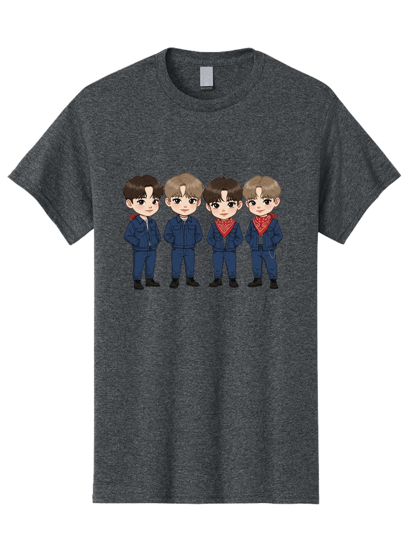 K-Pop-Boys Men'S Graphic Tee, 100% Cotton, Comfortable Casual Summer Wear, Machine Washable, Cartoon Boys, K-Pop Style, Blue Denim Outfits, Red Bandanas, Anime-Inspired Characters, Trendy Fashion, Youthful Energy, Group Portrait, Chibi Art, Bac088