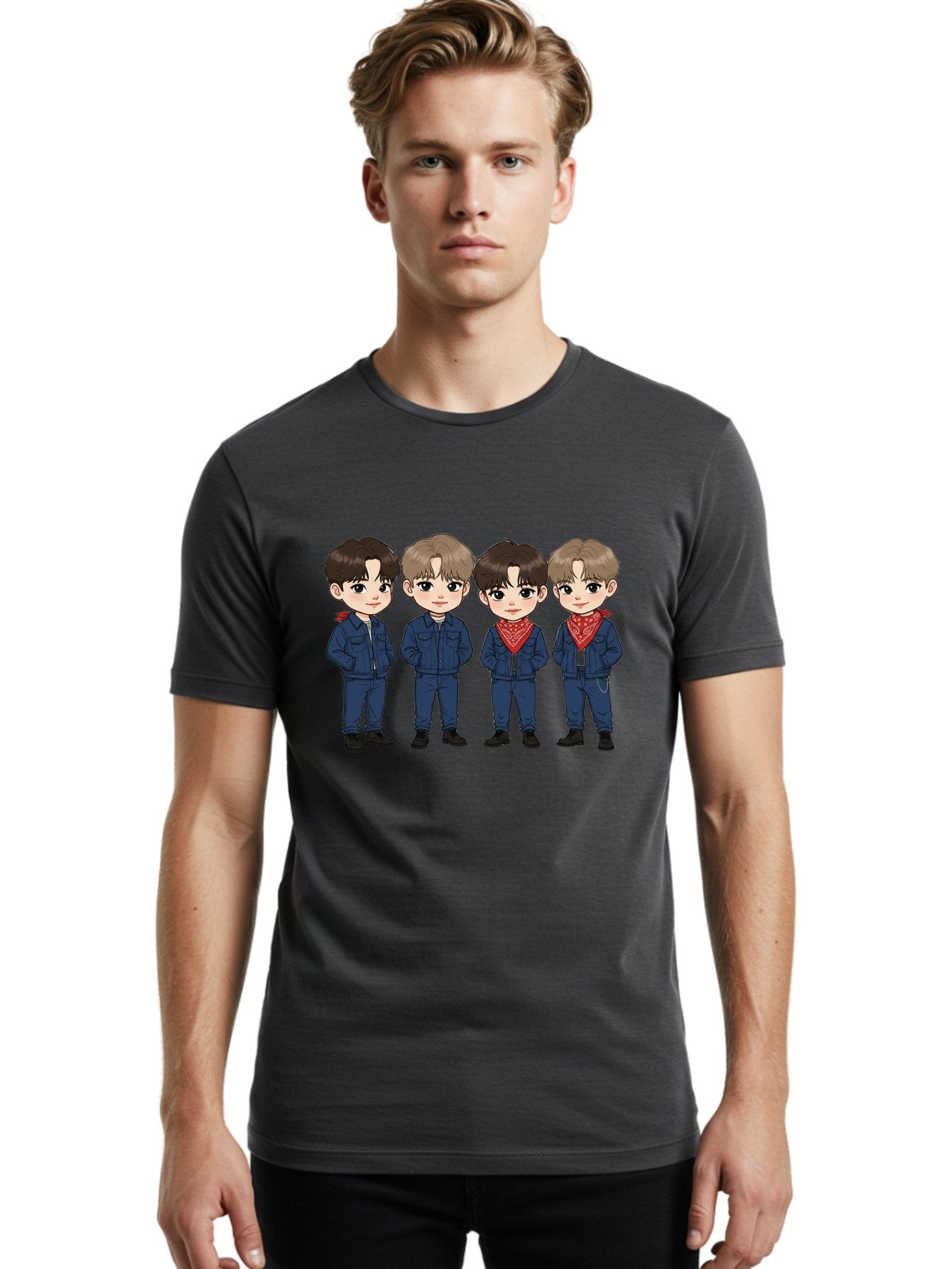 K-Pop-Boys Men'S Graphic Tee, 100% Cotton, Comfortable Casual Summer Wear, Machine Washable, Cartoon Boys, K-Pop Style, Blue Denim Outfits, Red Bandanas, Anime-Inspired Characters, Trendy Fashion, Youthful Energy, Group Portrait, Chibi Art, Bac088 21