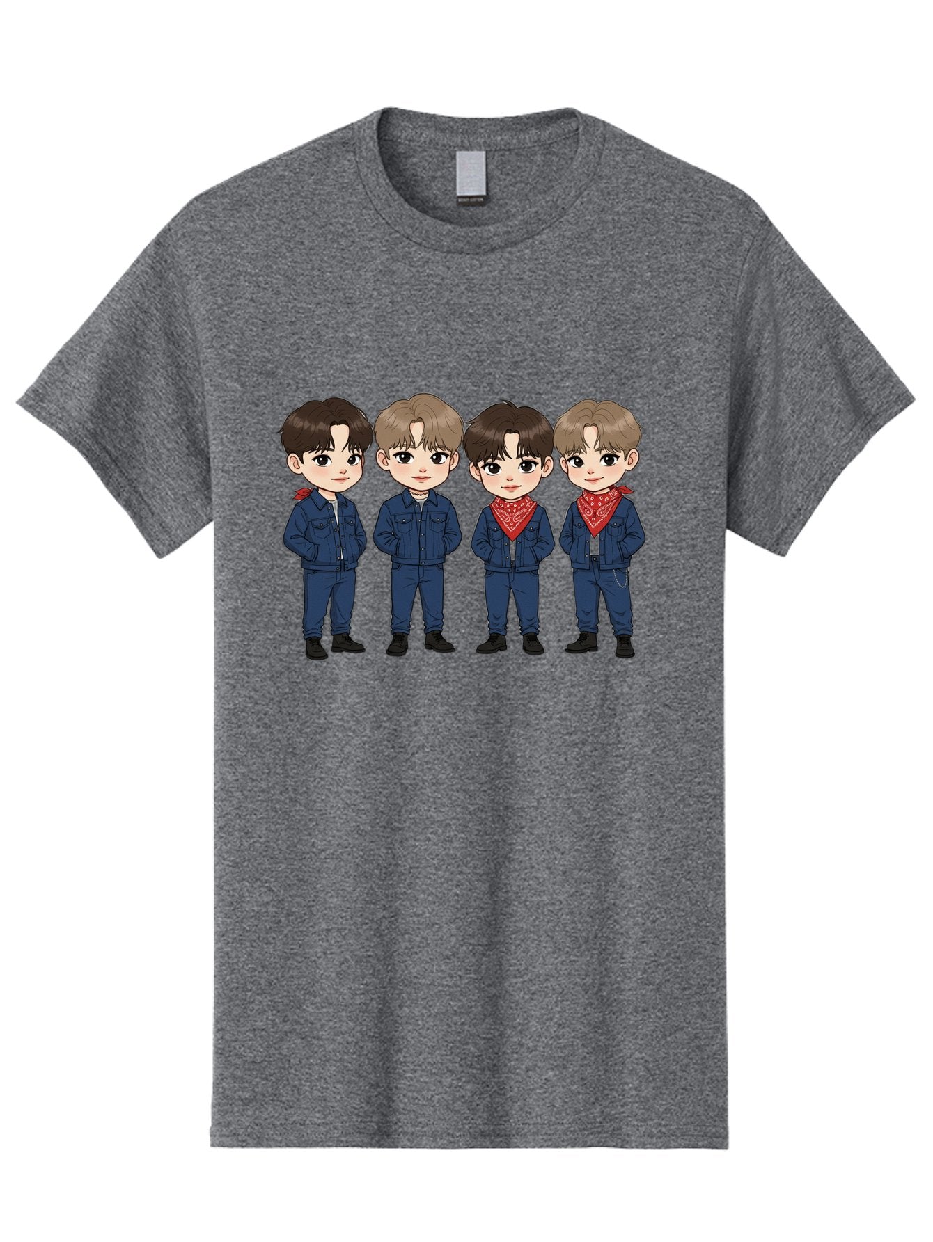 K-Pop-Boys Men'S Graphic Tee, 100% Cotton, Comfortable Casual Summer Wear, Machine Washable, Cartoon Boys, K-Pop Style, Blue Denim Outfits, Red Bandanas, Anime-Inspired Characters, Trendy Fashion, Youthful Energy, Group Portrait, Chibi Art, Bac088 9