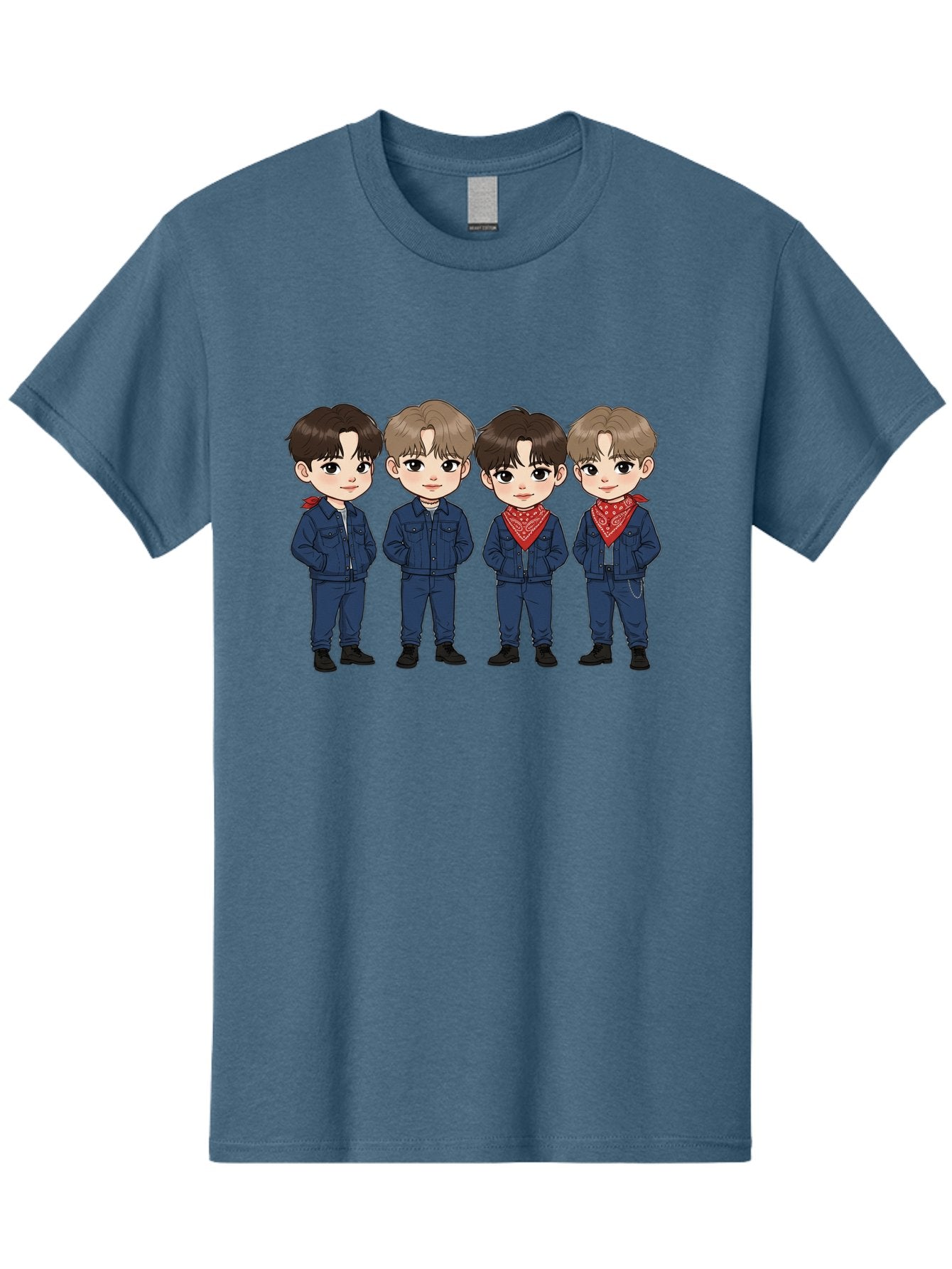 K-Pop-Boys Men'S Graphic Tee, 100% Cotton, Comfortable Casual Summer Wear, Machine Washable, Cartoon Boys, K-Pop Style, Blue Denim Outfits, Red Bandanas, Anime-Inspired Characters, Trendy Fashion, Youthful Energy, Group Portrait, Chibi Art, Bac088 4
