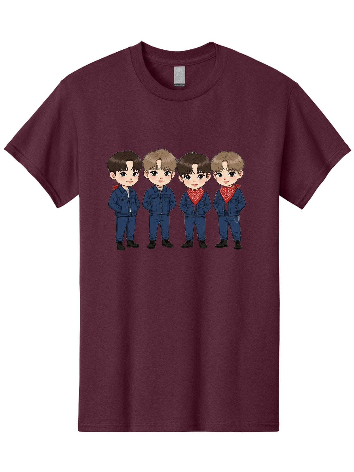 K-Pop-Boys Men'S Graphic Tee, 100% Cotton, Comfortable Casual Summer Wear, Machine Washable, Cartoon Boys, K-Pop Style, Blue Denim Outfits, Red Bandanas, Anime-Inspired Characters, Trendy Fashion, Youthful Energy, Group Portrait, Chibi Art, Bac088 12