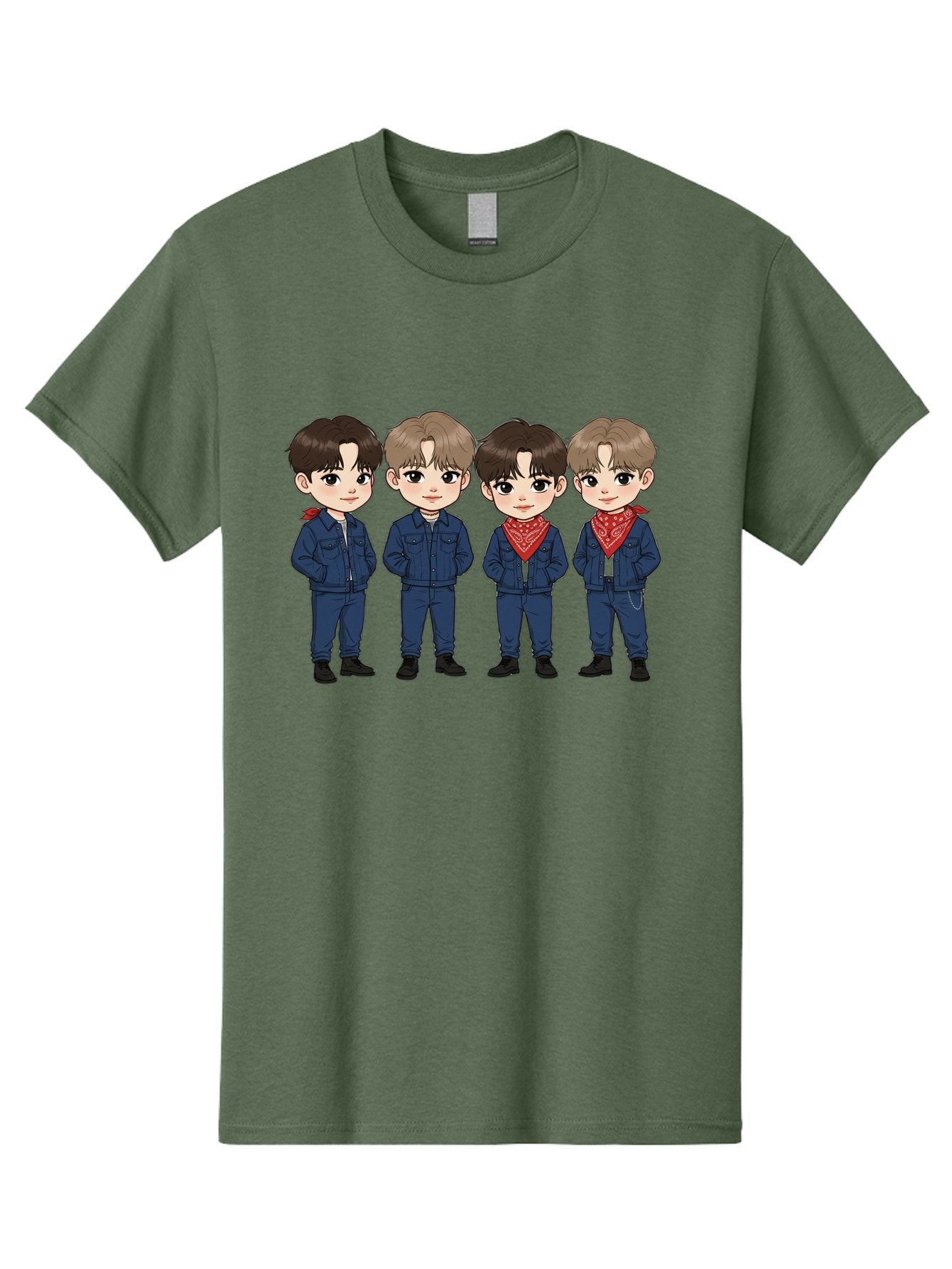 K-Pop-Boys Men'S Graphic Tee, 100% Cotton, Comfortable Casual Summer Wear, Machine Washable, Cartoon Boys, K-Pop Style, Blue Denim Outfits, Red Bandanas, Anime-Inspired Characters, Trendy Fashion, Youthful Energy, Group Portrait, Chibi Art, Bac088 13
