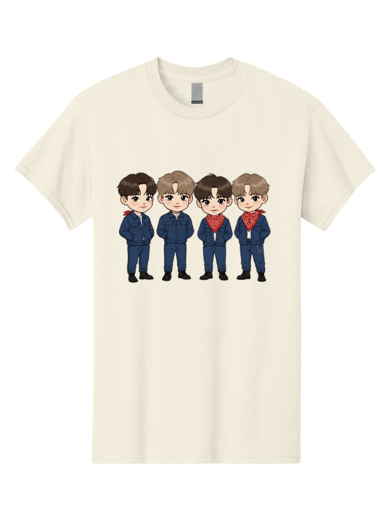 K-Pop-Boys Men'S Graphic Tee, 100% Cotton, Comfortable Casual Summer Wear, Machine Washable, Cartoon Boys, K-Pop Style, Blue Denim Outfits, Red Bandanas, Anime-Inspired Characters, Trendy Fashion, Youthful Energy, Group Portrait, Chibi Art, Bac088 8