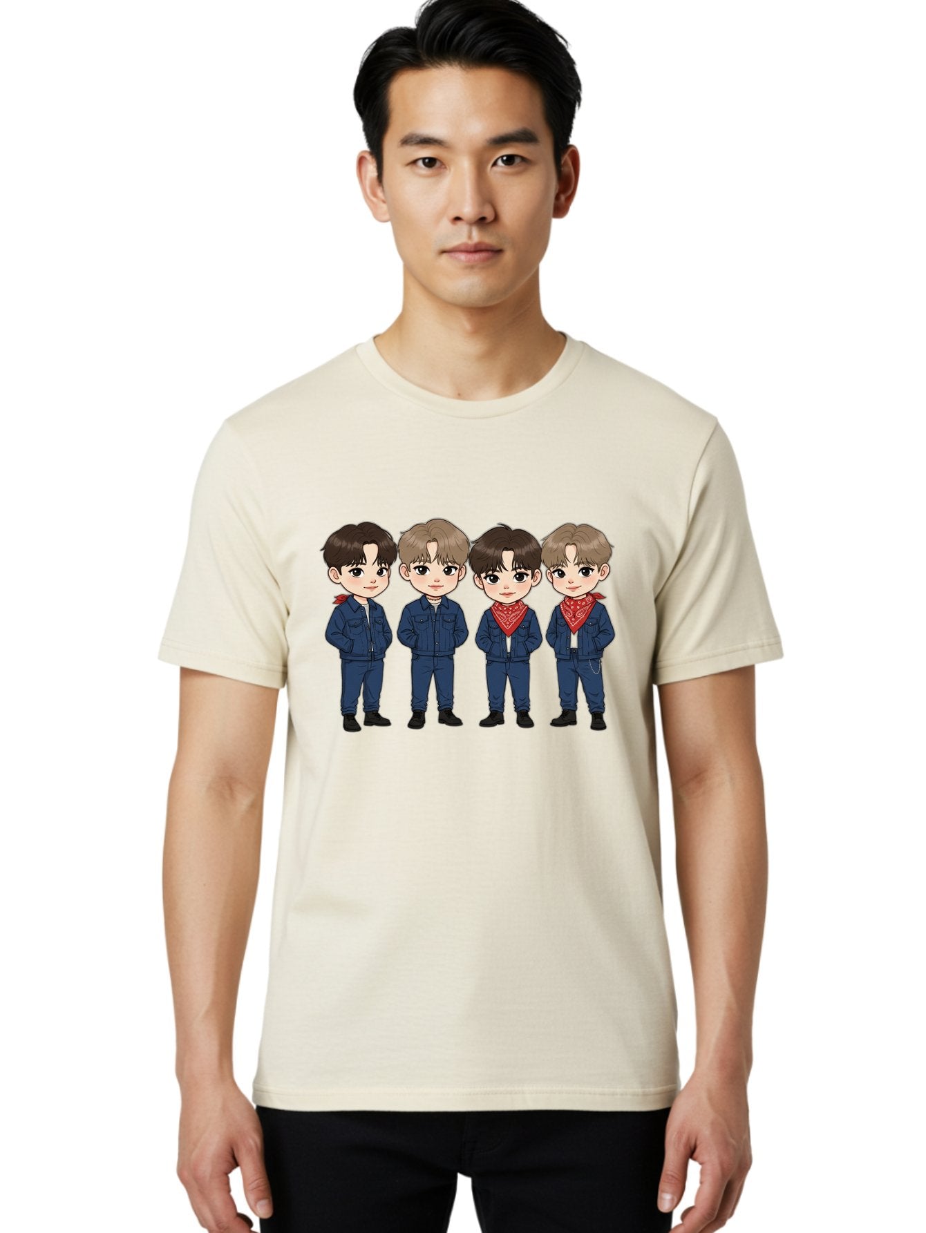 K-Pop-Boys Men'S Graphic Tee, 100% Cotton, Comfortable Casual Summer Wear, Machine Washable, Cartoon Boys, K-Pop Style, Blue Denim Outfits, Red Bandanas, Anime-Inspired Characters, Trendy Fashion, Youthful Energy, Group Portrait, Chibi Art, Bac088 25