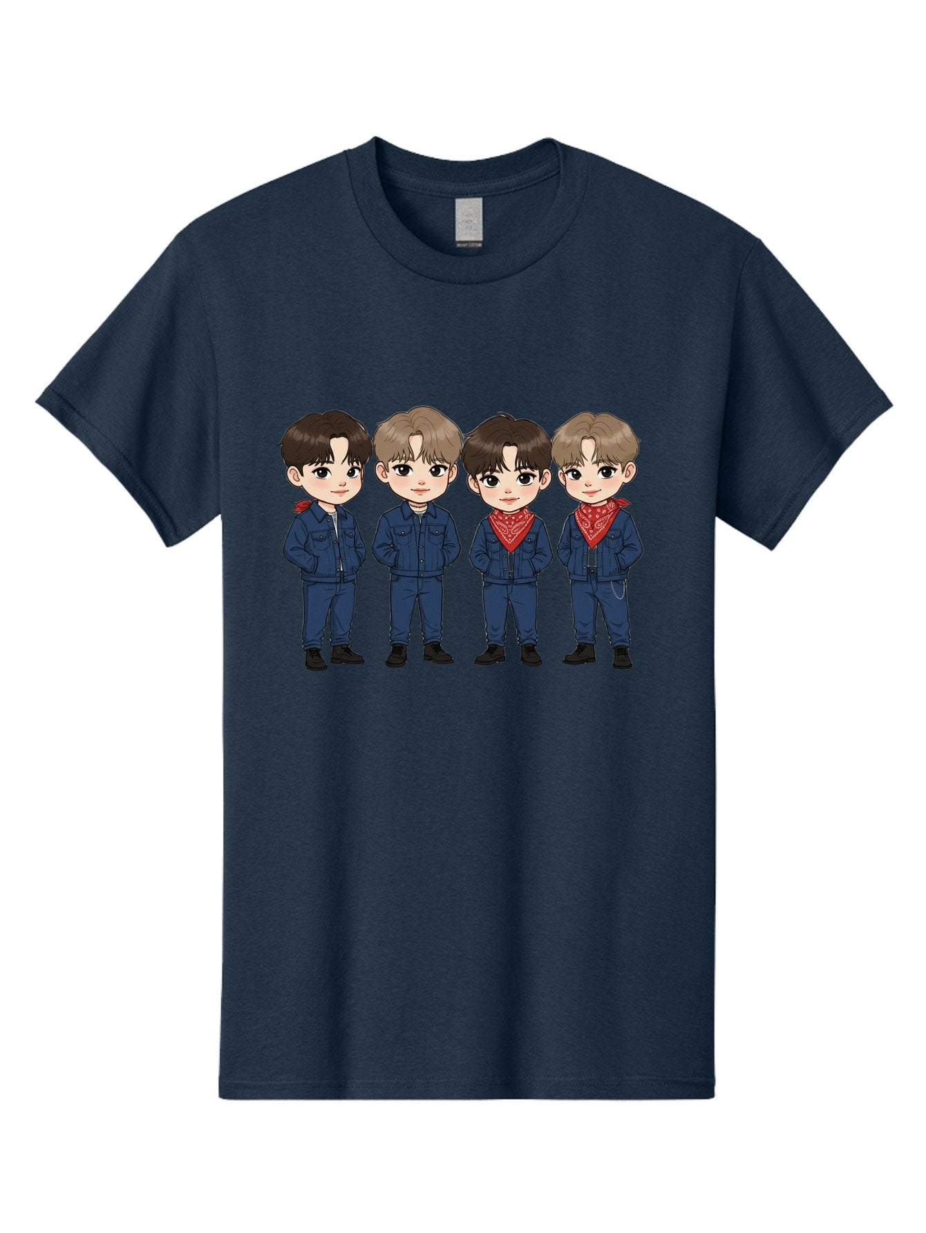 K-Pop-Boys Men'S Graphic Tee, 100% Cotton, Comfortable Casual Summer Wear, Machine Washable, Cartoon Boys, K-Pop Style, Blue Denim Outfits, Red Bandanas, Anime-Inspired Characters, Trendy Fashion, Youthful Energy, Group Portrait, Chibi Art, Bac088 14