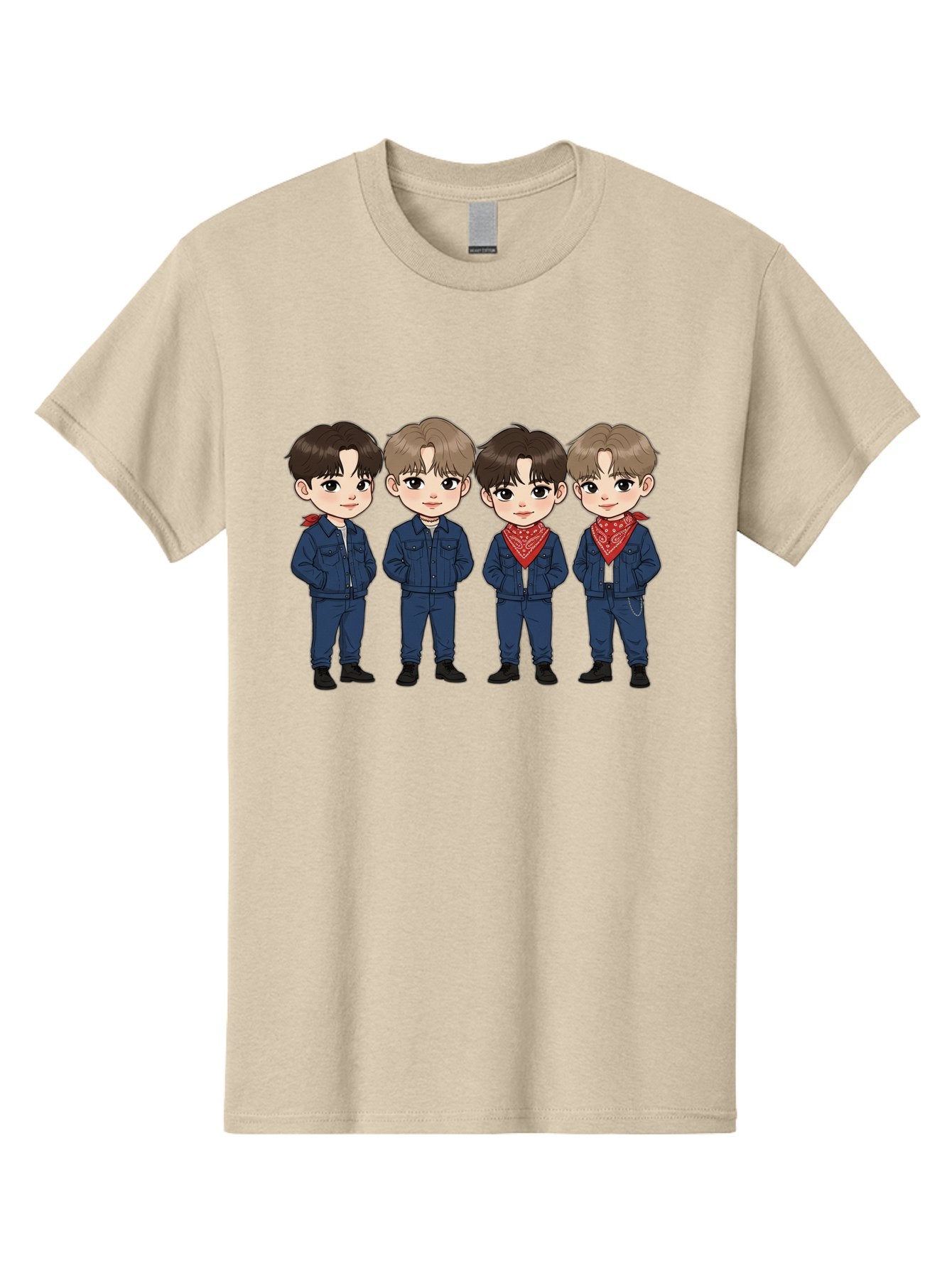 K-Pop-Boys Men'S Graphic Tee, 100% Cotton, Comfortable Casual Summer Wear, Machine Washable, Cartoon Boys, K-Pop Style, Blue Denim Outfits, Red Bandanas, Anime-Inspired Characters, Trendy Fashion, Youthful Energy, Group Portrait, Chibi Art, Bac088 11