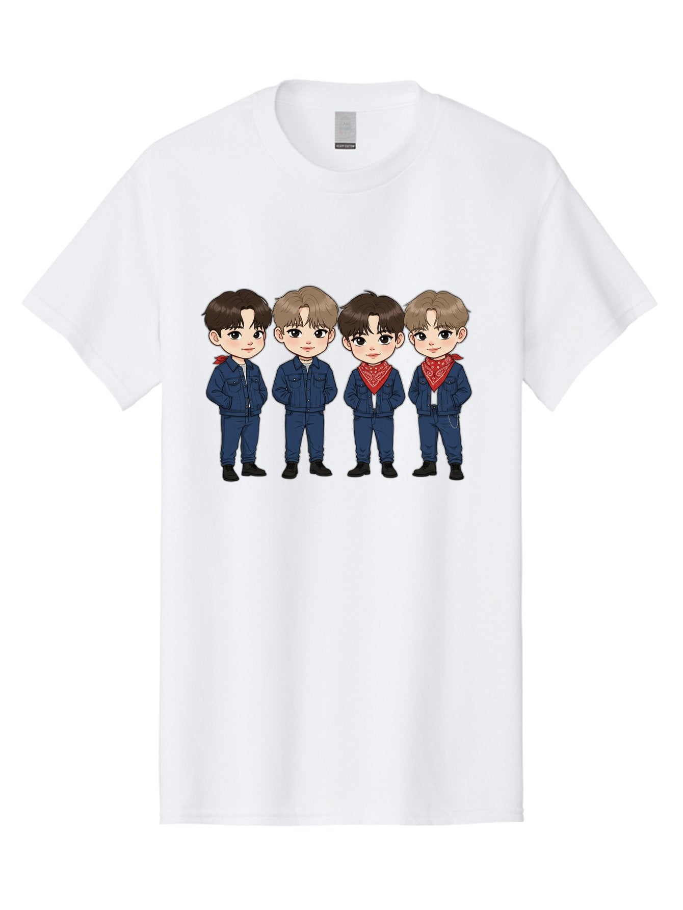 K-Pop-Boys Men'S Graphic Tee, 100% Cotton, Comfortable Casual Summer Wear, Machine Washable, Cartoon Boys, K-Pop Style, Blue Denim Outfits, Red Bandanas, Anime-Inspired Characters, Trendy Fashion, Youthful Energy, Group Portrait, Chibi Art, Bac088 6