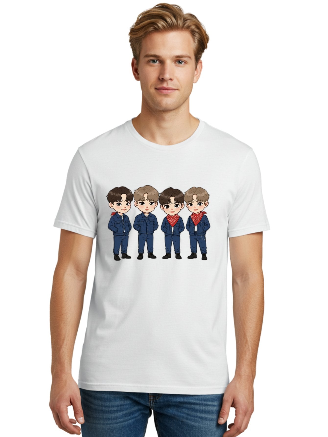 K-Pop-Boys Men'S Graphic Tee, 100% Cotton, Comfortable Casual Summer Wear, Machine Washable, Cartoon Boys, K-Pop Style, Blue Denim Outfits, Red Bandanas, Anime-Inspired Characters, Trendy Fashion, Youthful Energy, Group Portrait, Chibi Art, Bac088 24