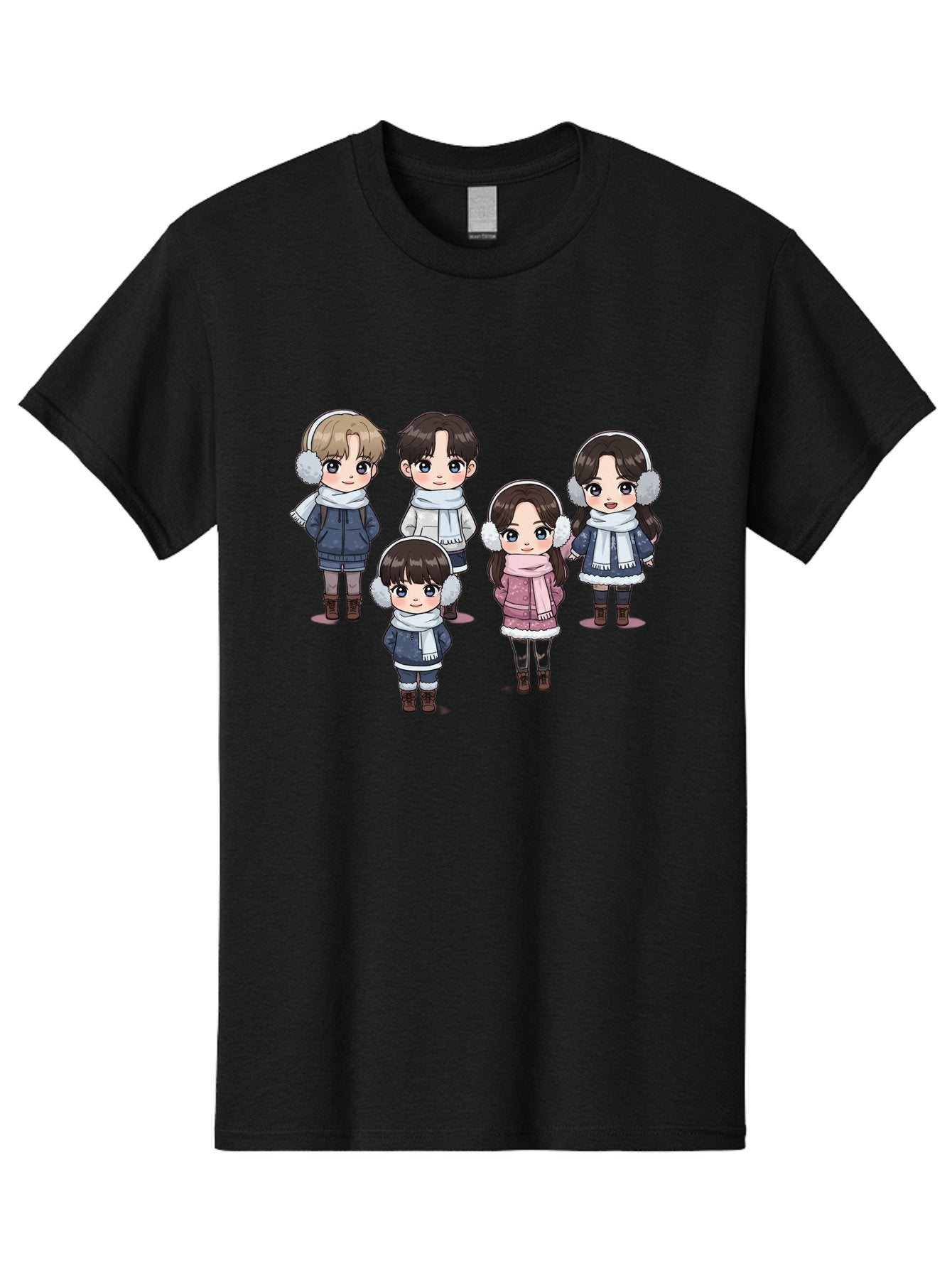 K-Pop-Chibi-Characters Men'S Graphic Tee, 100% Cotton, Comfortable Casual Summer Wear, Machine Washable, Cartoon Children, Winter Clothing, Earmuffs, Scarves, Coats, Boots, Happy Faces, Kawaii Style, Cute Kids, Adorable Characters, Bac089 13