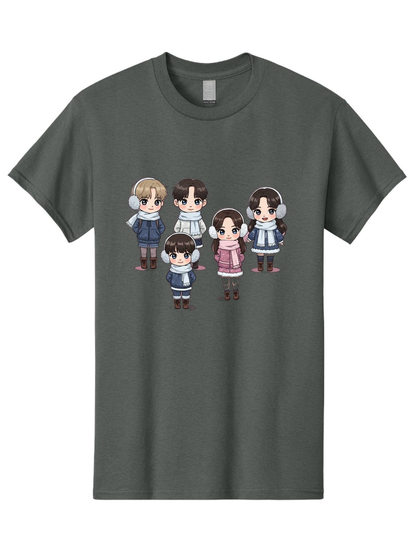 K-Pop-Chibi-Characters Men'S Graphic Tee, 100% Cotton, Comfortable Casual Summer Wear, Machine Washable, Cartoon Children, Winter Clothing, Earmuffs, Scarves, Coats, Boots, Happy Faces, Kawaii Style, Cute Kids, Adorable Characters, Bac089