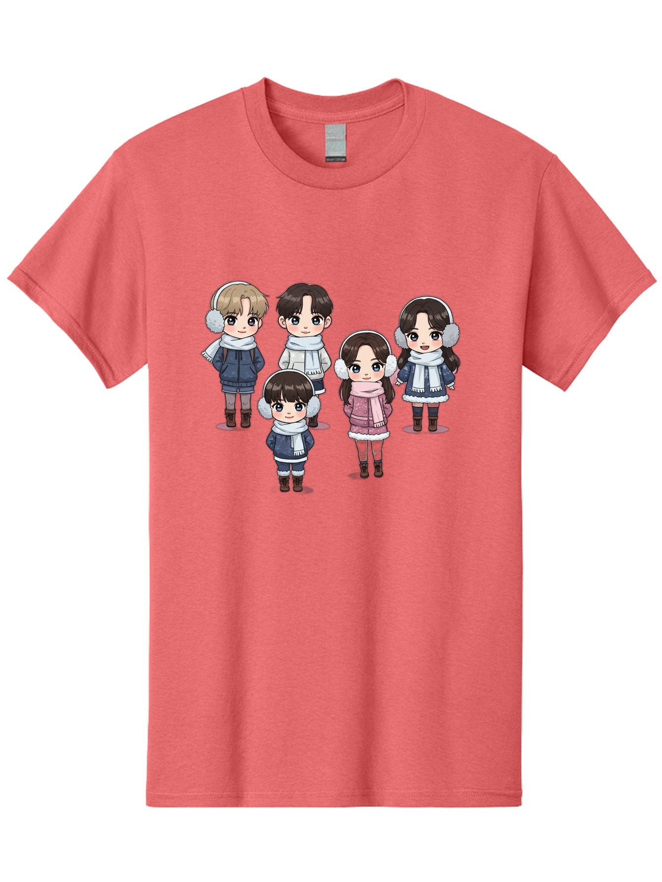 K-Pop-Chibi-Characters Men'S Graphic Tee, 100% Cotton, Comfortable Casual Summer Wear, Machine Washable, Cartoon Children, Winter Clothing, Earmuffs, Scarves, Coats, Boots, Happy Faces, Kawaii Style, Cute Kids, Adorable Characters, Bac089 4