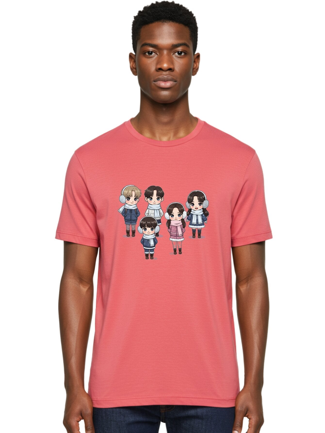 K-Pop-Chibi-Characters Men'S Graphic Tee, 100% Cotton, Comfortable Casual Summer Wear, Machine Washable, Cartoon Children, Winter Clothing, Earmuffs, Scarves, Coats, Boots, Happy Faces, Kawaii Style, Cute Kids, Adorable Characters, Bac089 18