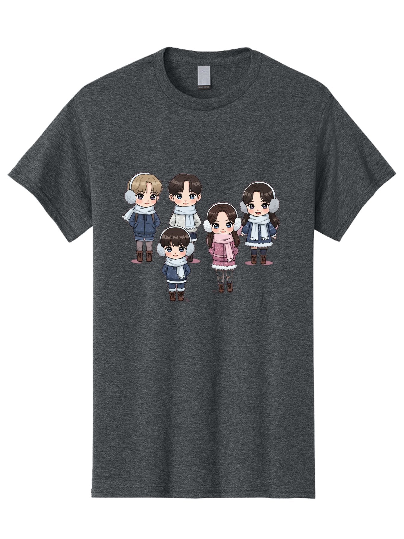 K-Pop-Chibi-Characters Men'S Graphic Tee, 100% Cotton, Comfortable Casual Summer Wear, Machine Washable, Cartoon Children, Winter Clothing, Earmuffs, Scarves, Coats, Boots, Happy Faces, Kawaii Style, Cute Kids, Adorable Characters, Bac089 15