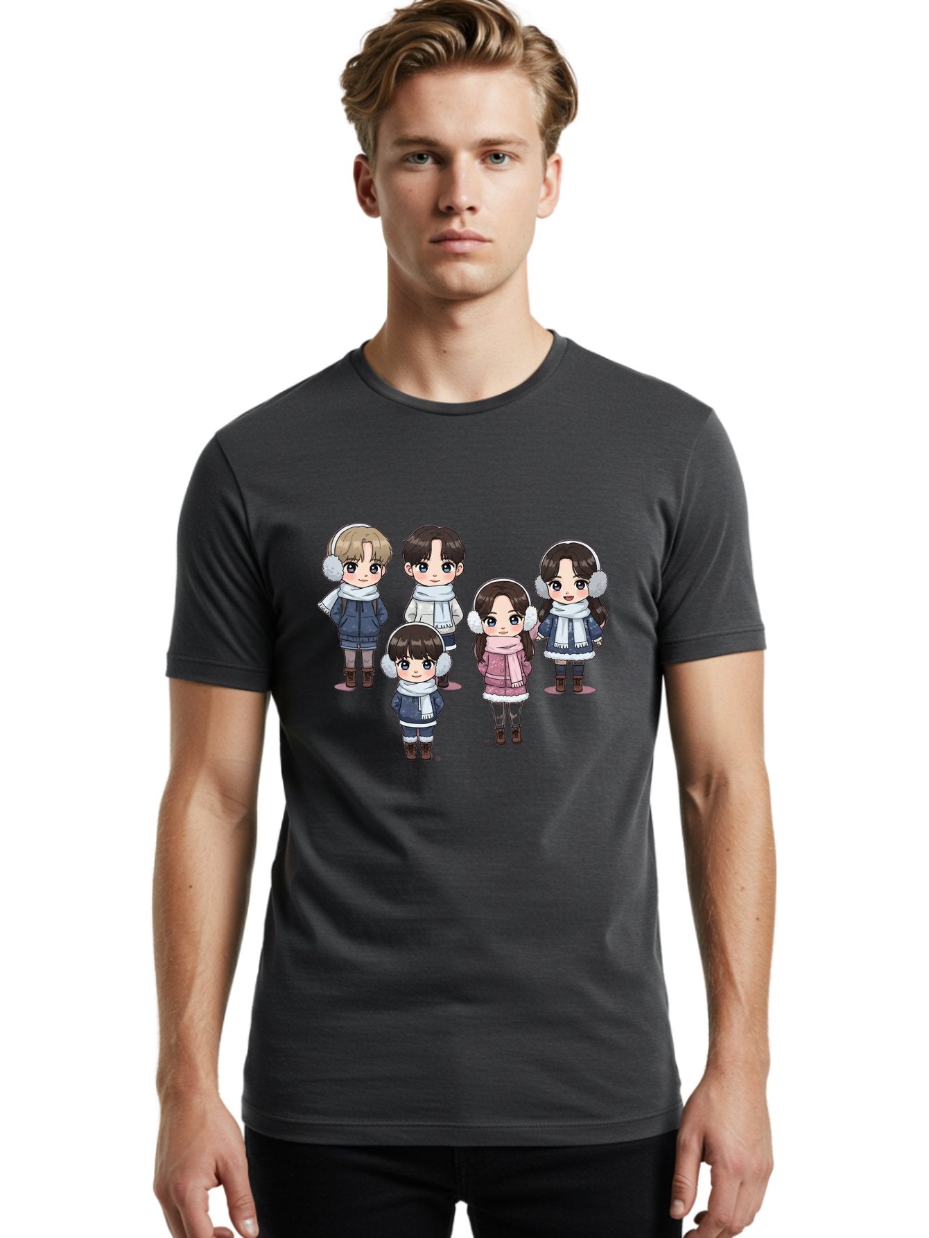 K-Pop-Chibi-Characters Men'S Graphic Tee, 100% Cotton, Comfortable Casual Summer Wear, Machine Washable, Cartoon Children, Winter Clothing, Earmuffs, Scarves, Coats, Boots, Happy Faces, Kawaii Style, Cute Kids, Adorable Characters, Bac089 30