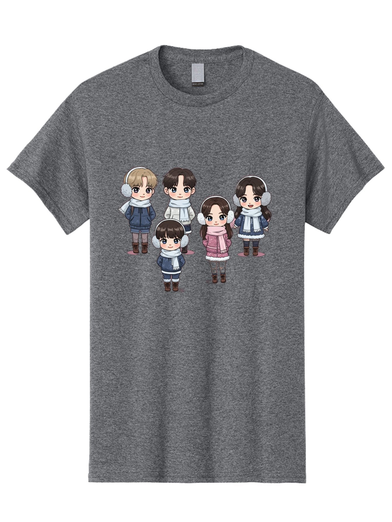 K-Pop-Chibi-Characters Men'S Graphic Tee, 100% Cotton, Comfortable Casual Summer Wear, Machine Washable, Cartoon Children, Winter Clothing, Earmuffs, Scarves, Coats, Boots, Happy Faces, Kawaii Style, Cute Kids, Adorable Characters, Bac089 6