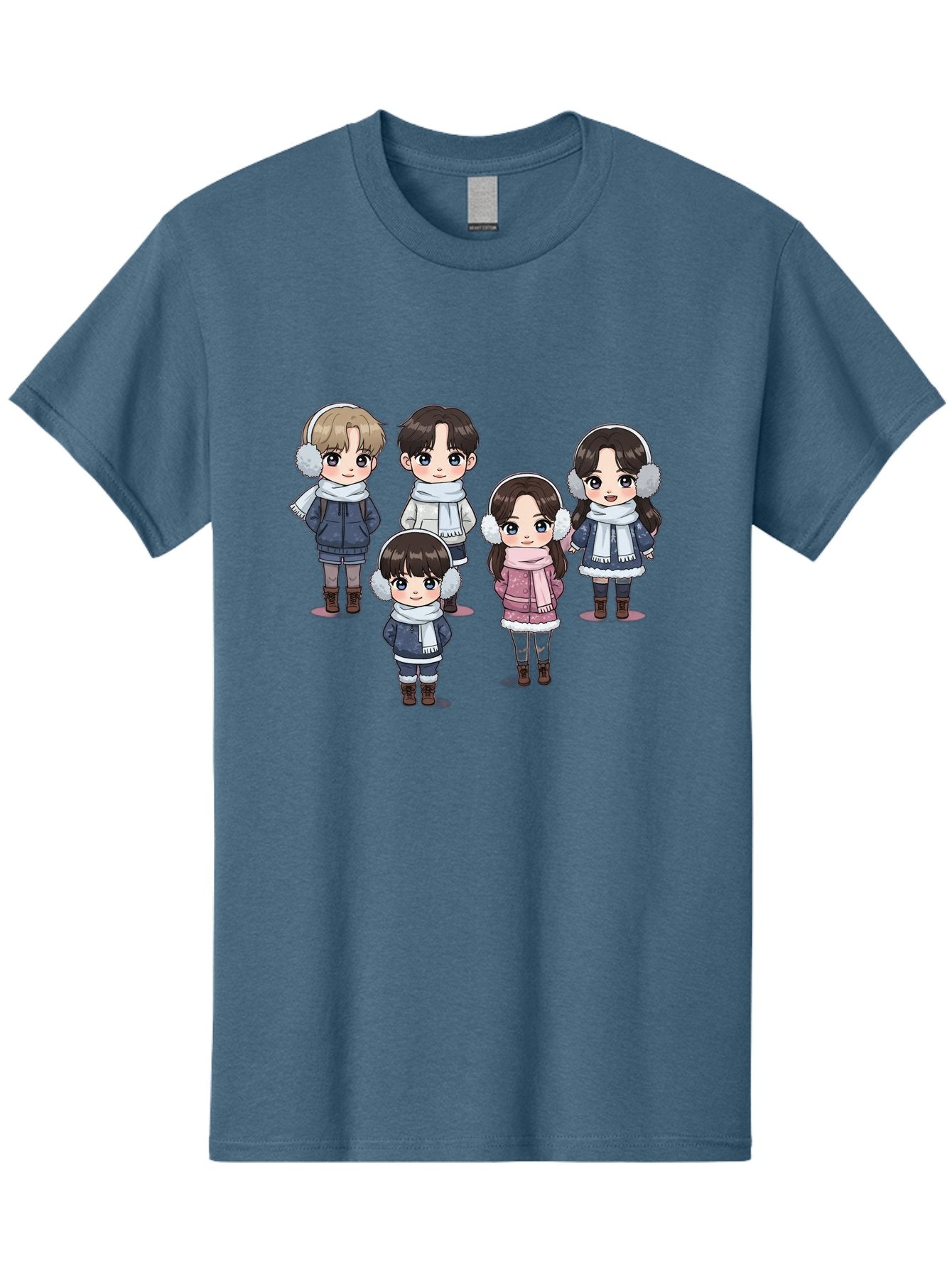 K-Pop-Chibi-Characters Men'S Graphic Tee, 100% Cotton, Comfortable Casual Summer Wear, Machine Washable, Cartoon Children, Winter Clothing, Earmuffs, Scarves, Coats, Boots, Happy Faces, Kawaii Style, Cute Kids, Adorable Characters, Bac089 10