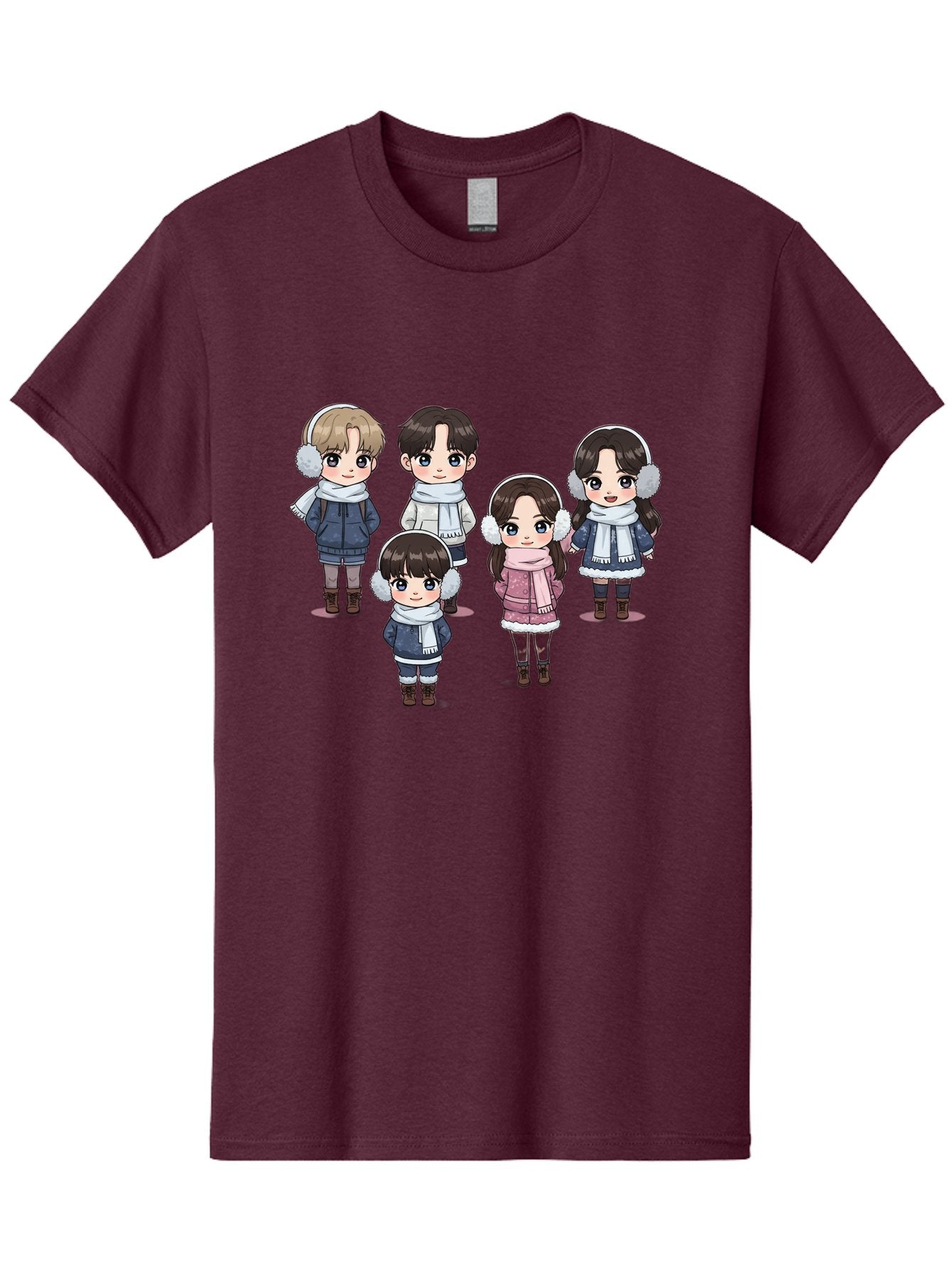 K-Pop-Chibi-Characters Men'S Graphic Tee, 100% Cotton, Comfortable Casual Summer Wear, Machine Washable, Cartoon Children, Winter Clothing, Earmuffs, Scarves, Coats, Boots, Happy Faces, Kawaii Style, Cute Kids, Adorable Characters, Bac089 14