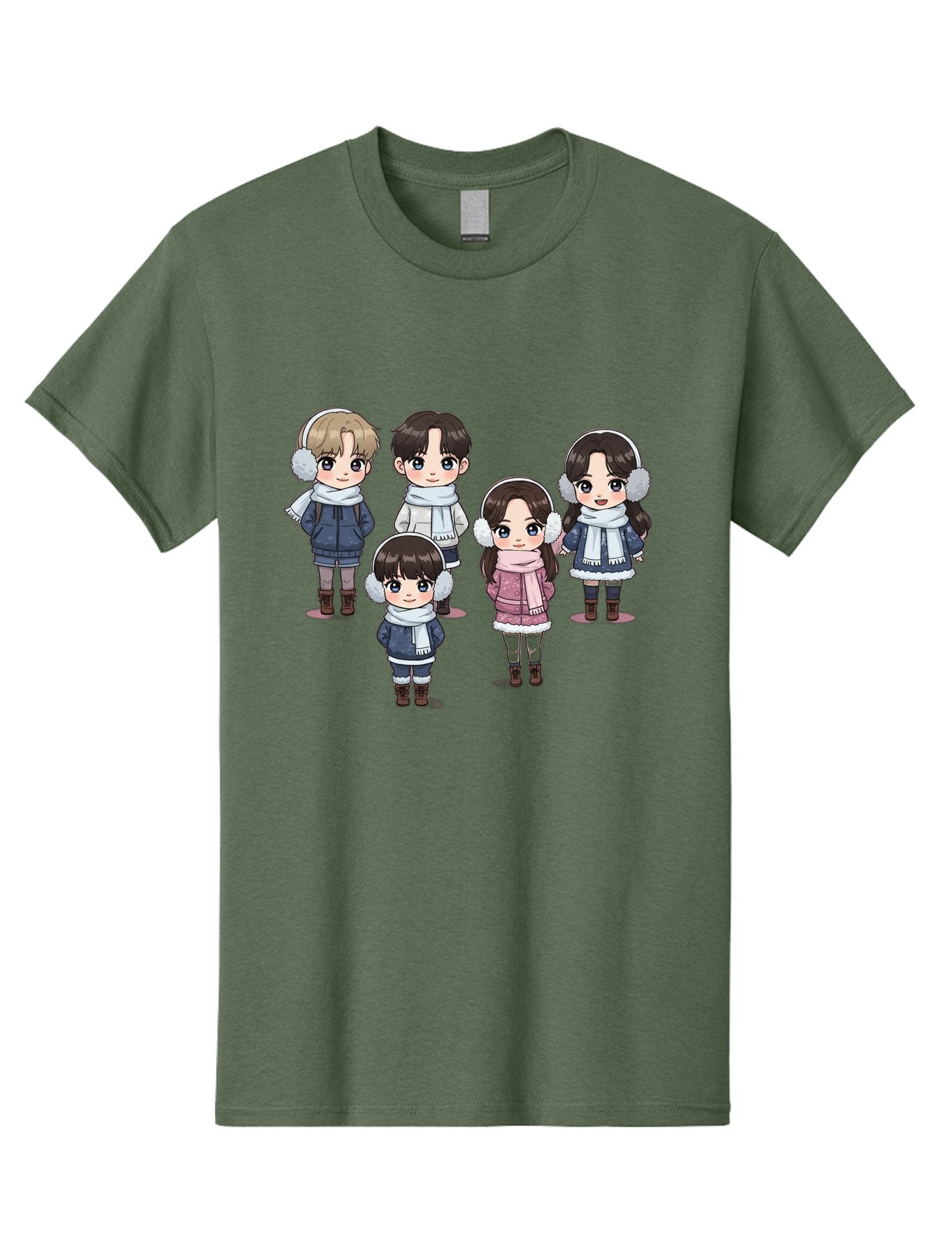 K-Pop-Chibi-Characters Men'S Graphic Tee, 100% Cotton, Comfortable Casual Summer Wear, Machine Washable, Cartoon Children, Winter Clothing, Earmuffs, Scarves, Coats, Boots, Happy Faces, Kawaii Style, Cute Kids, Adorable Characters, Bac089 3